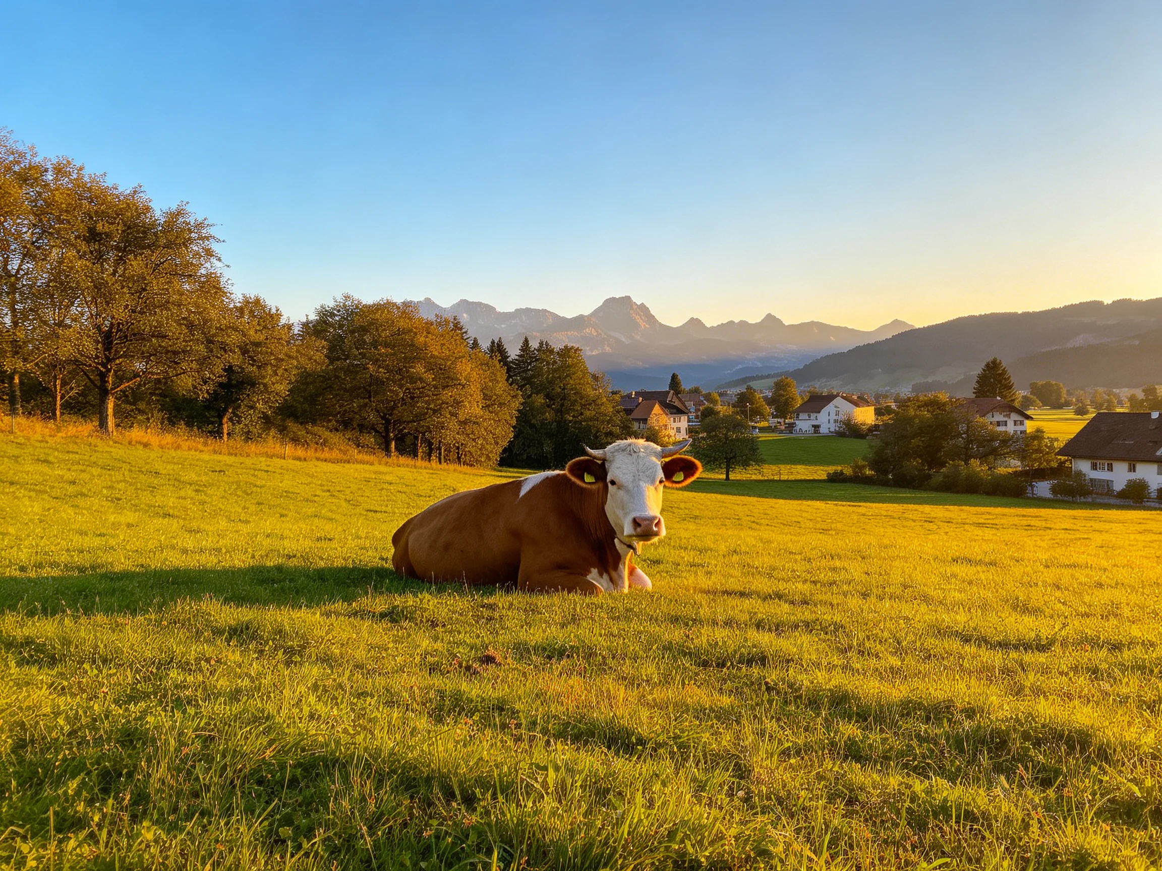 A brown-and-white cow rests in a golden meadow with distant mountains