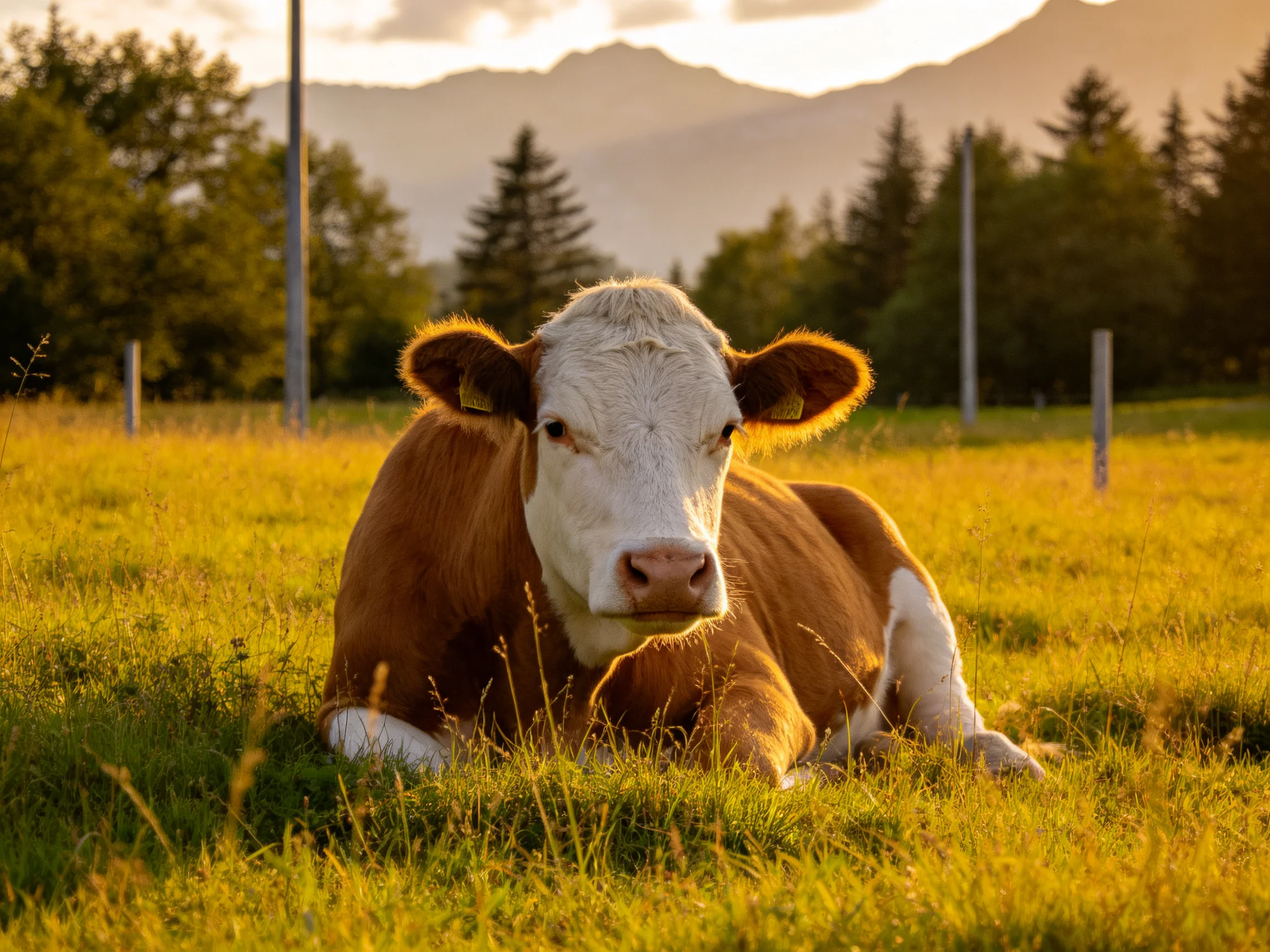 A brown and white cow rests in a golden meadow with mountains beyond