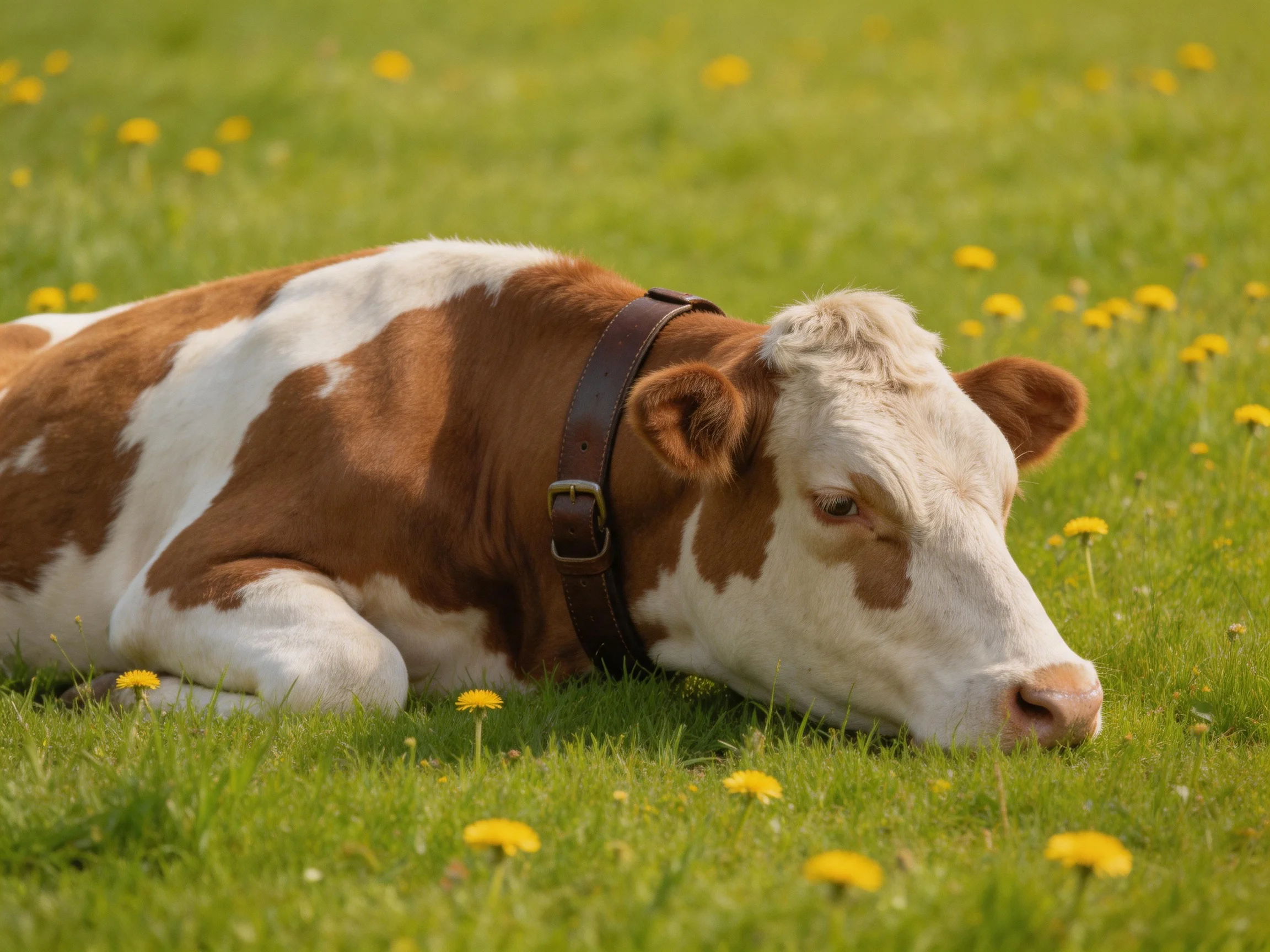 A brown and white cow rests in a grassy meadow with yellow wildflowers