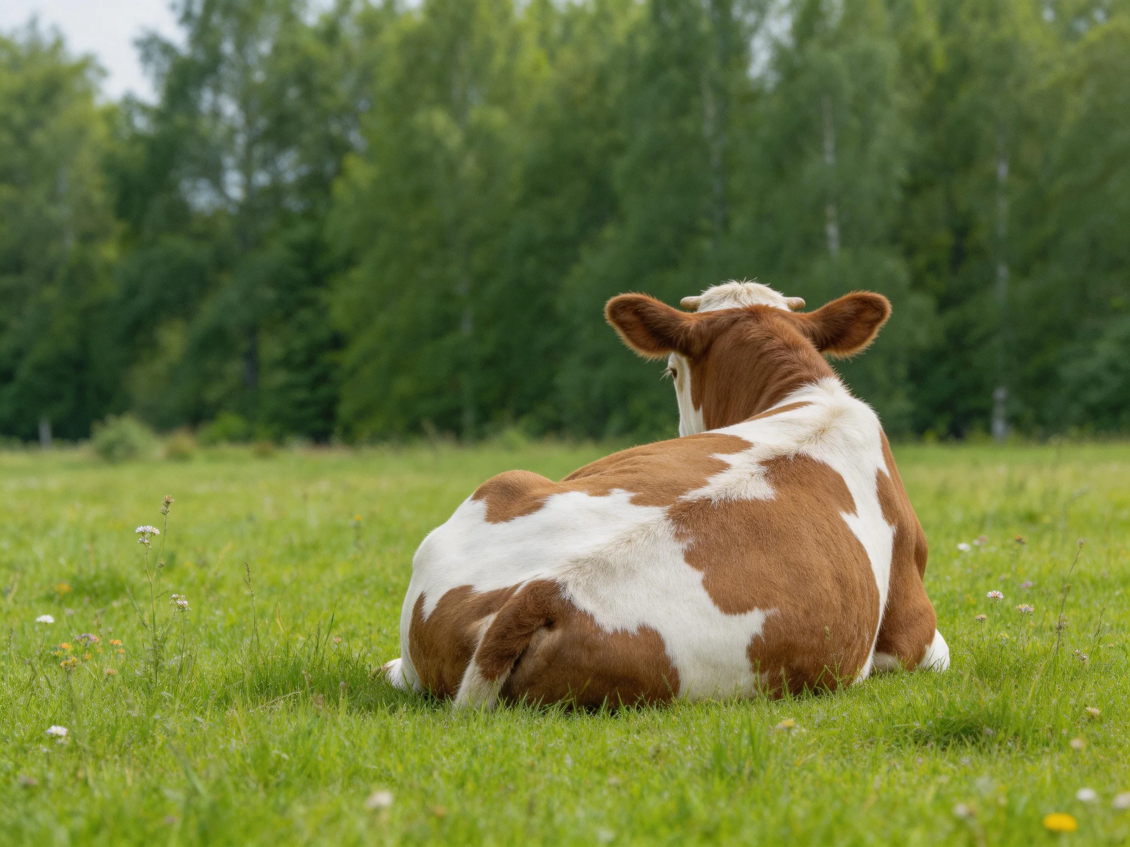 A brown and white cow rests in a lush green meadow near forested trees
