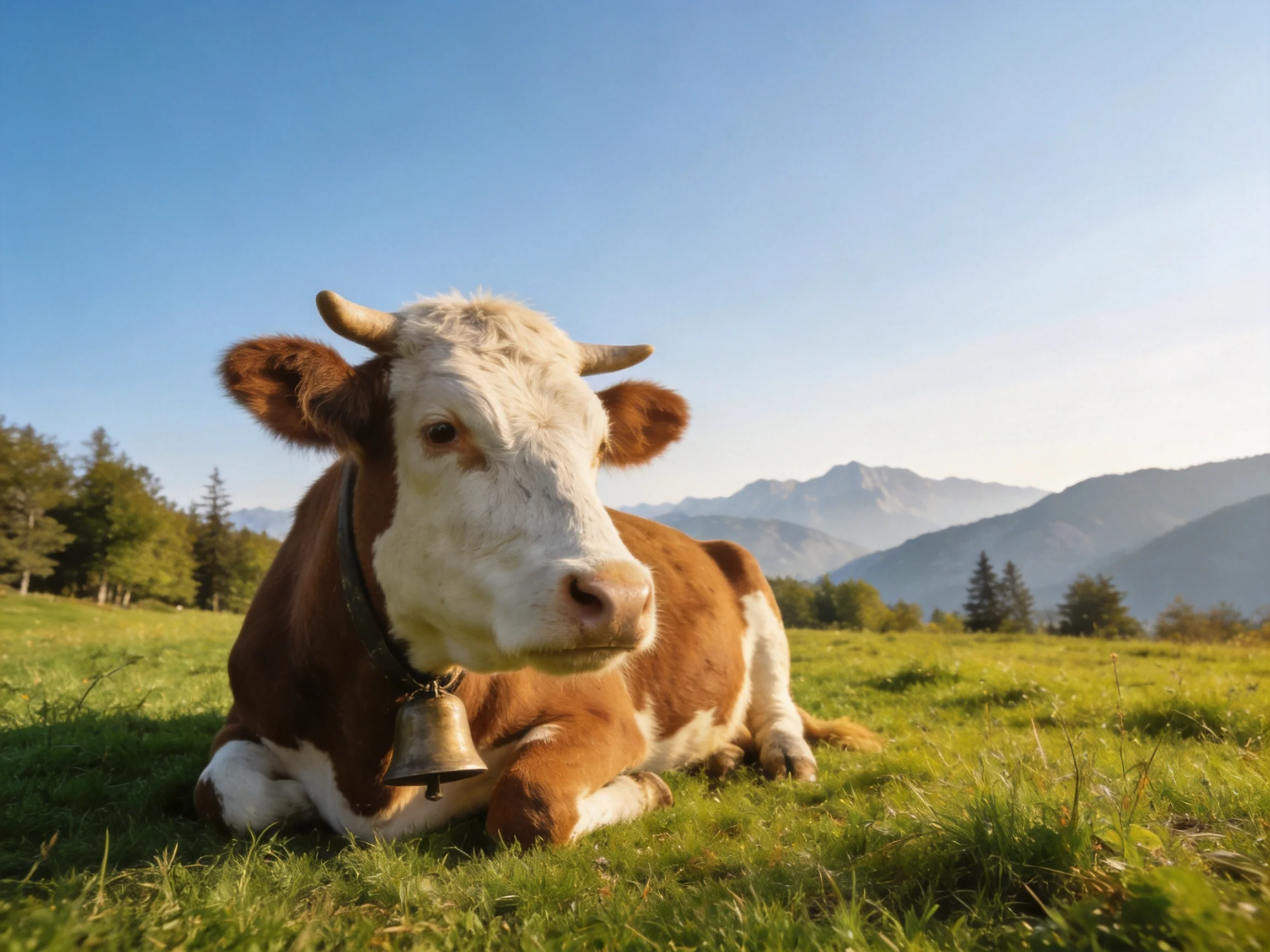 A brown and white cow rests in a lush green meadow near mountains