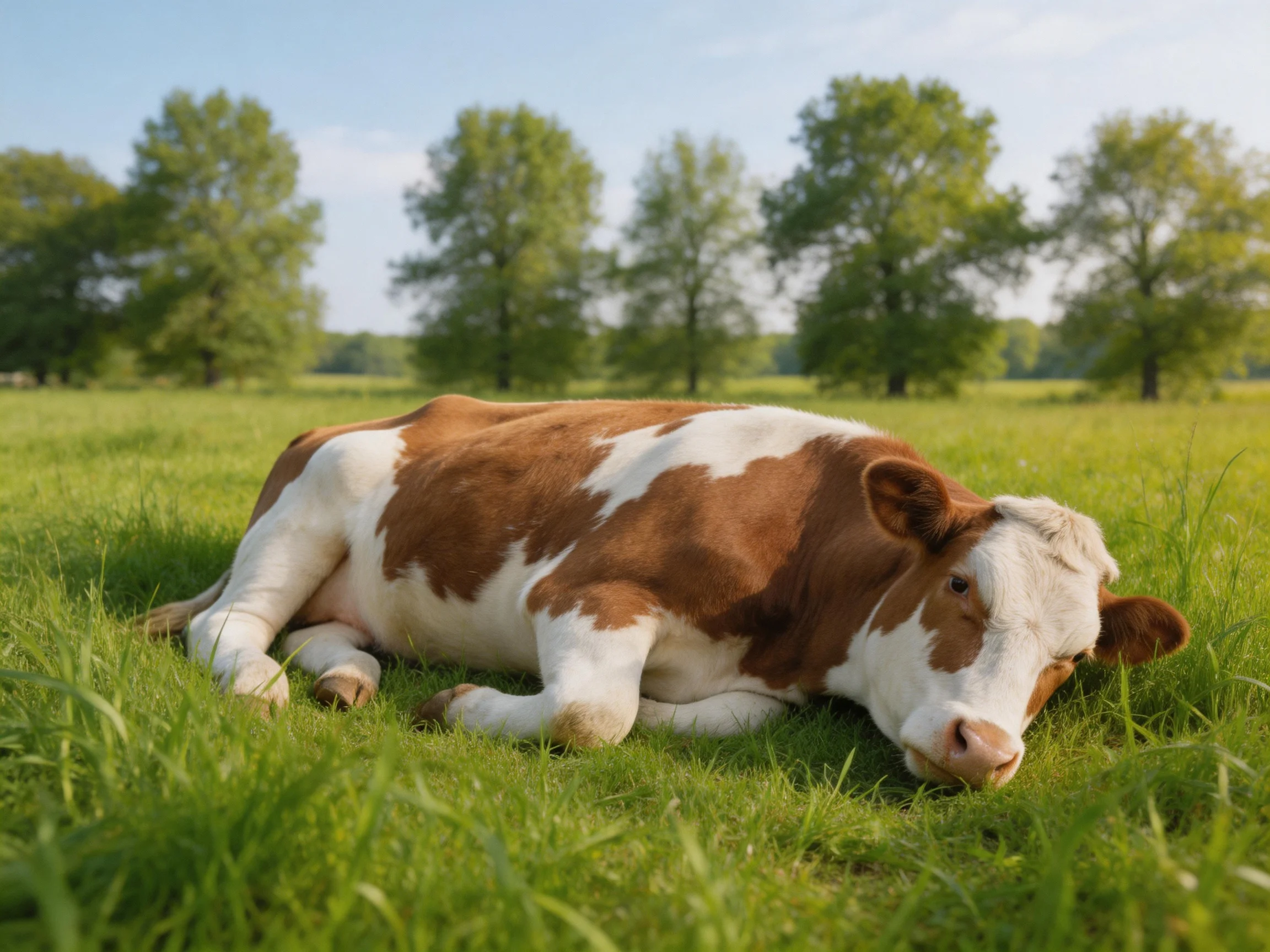 A brown-and-white cow lies peacefully in a sunlit meadow near trees