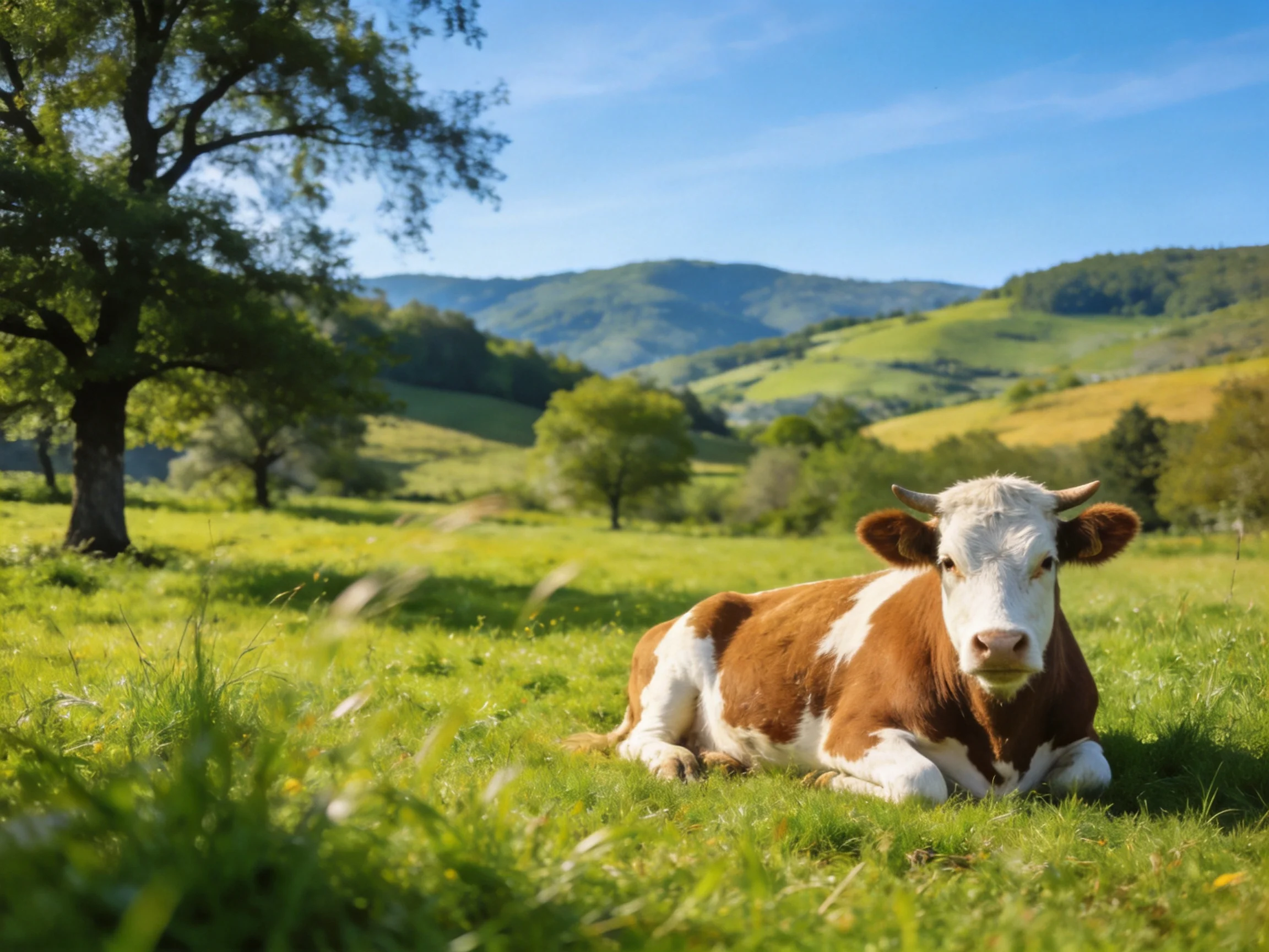 A brown and white cow rests in a lush green meadow with rolling hills