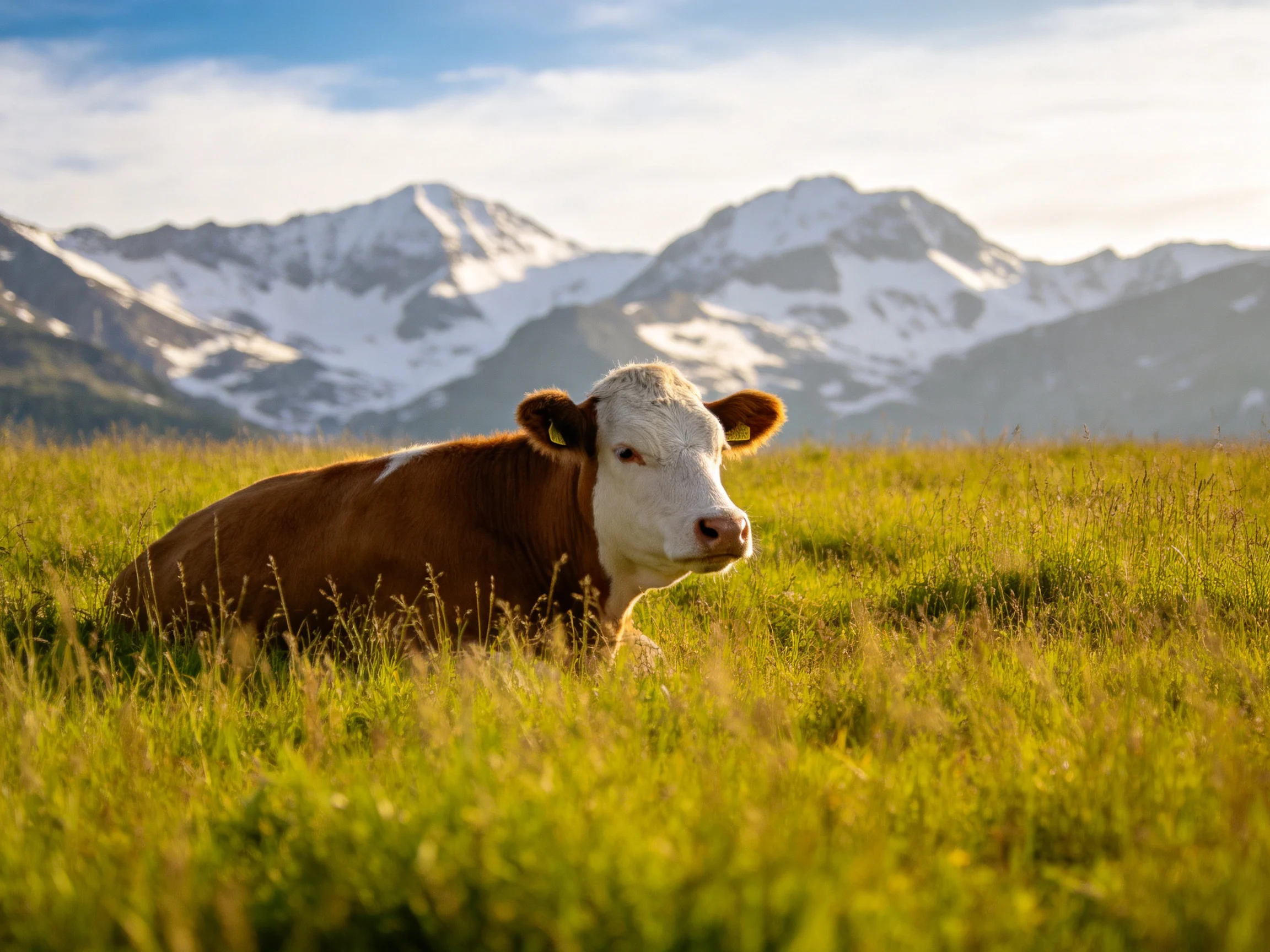 A brown and white cow relaxes in a grassy meadow with snow-capped mountains behind.