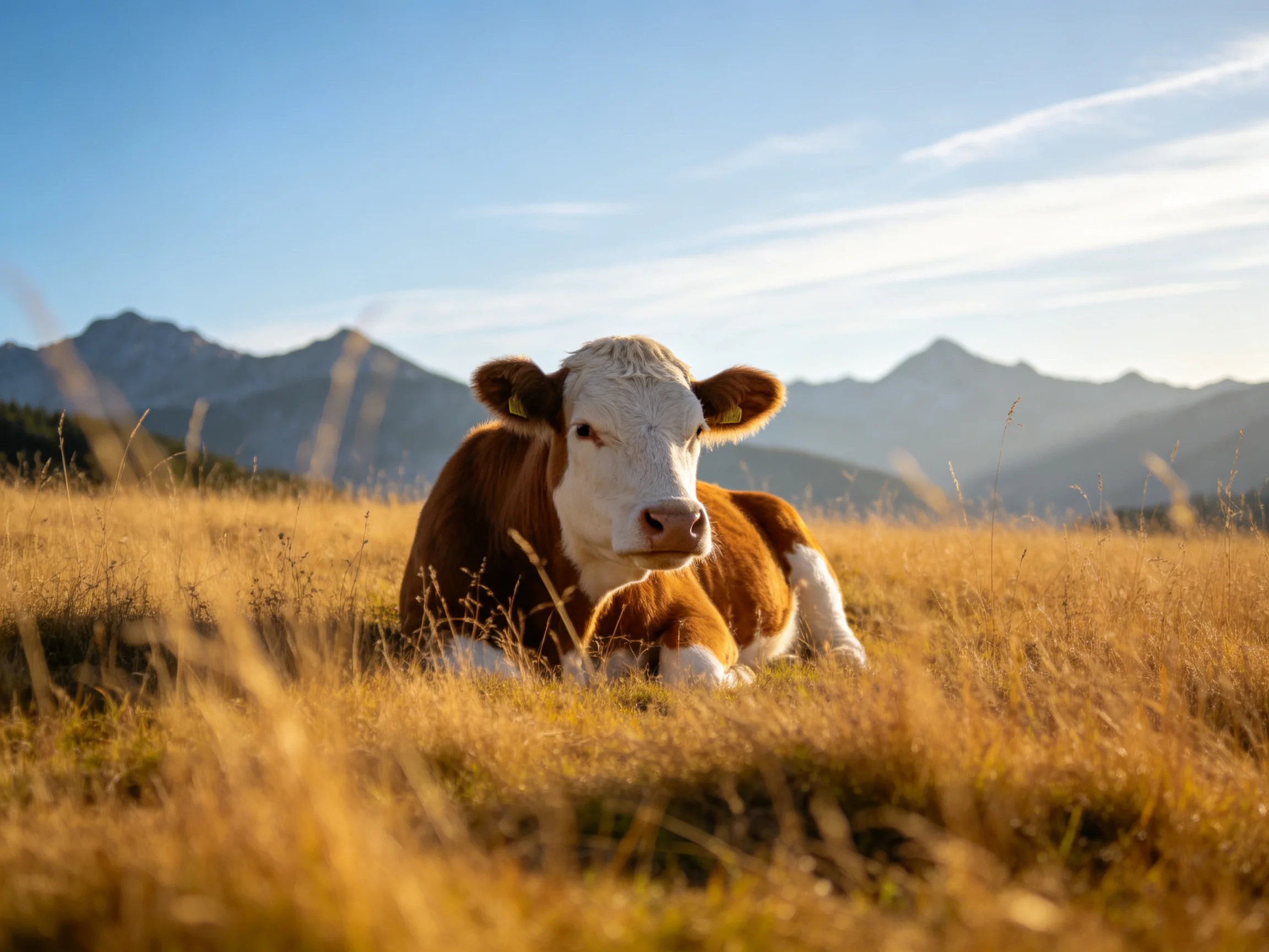 A brown-and-white cow rests in a sun-drenched golden meadow near misty mountains