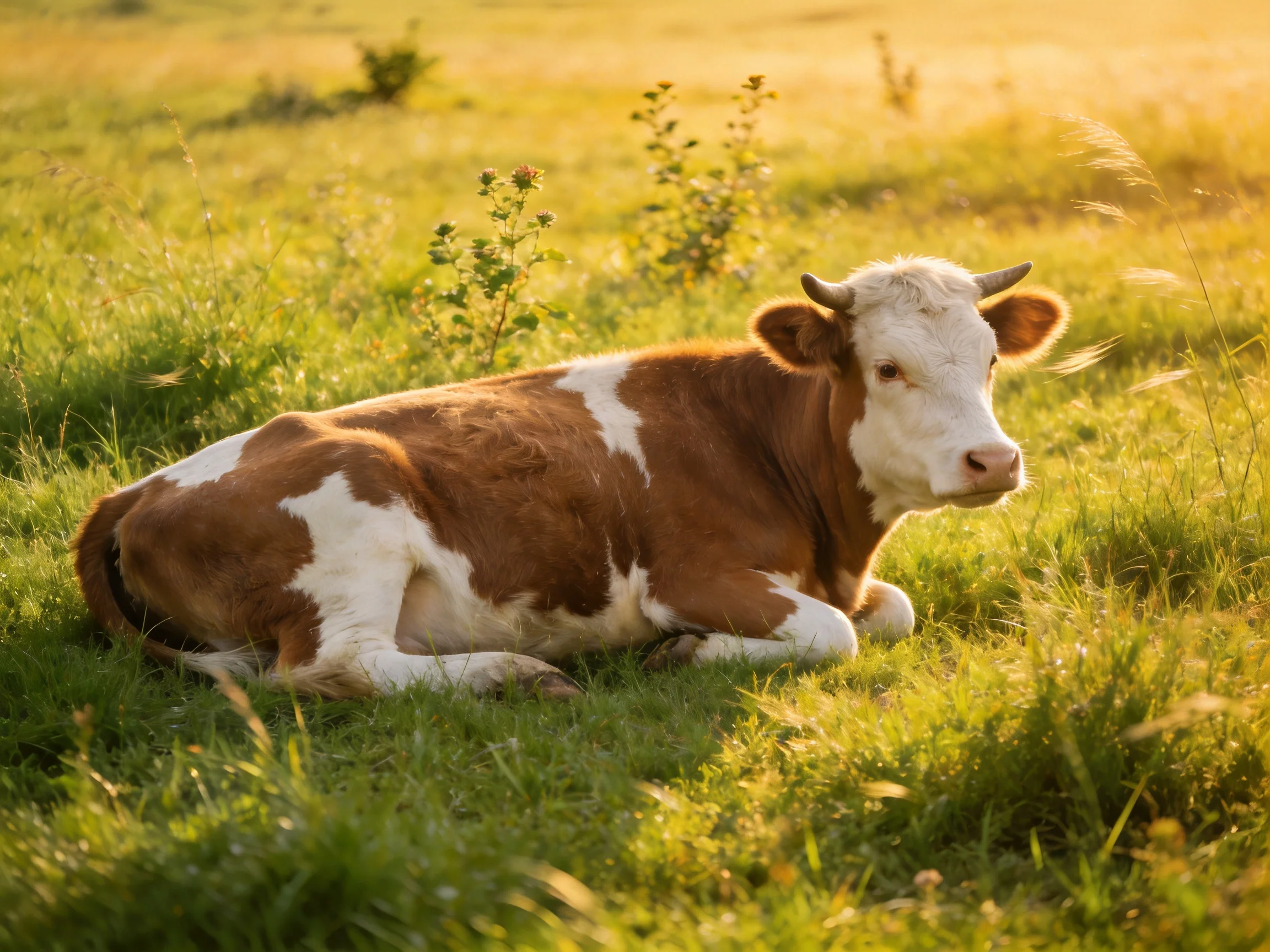 A brown and white cow rests in a sun-drenched grassy field