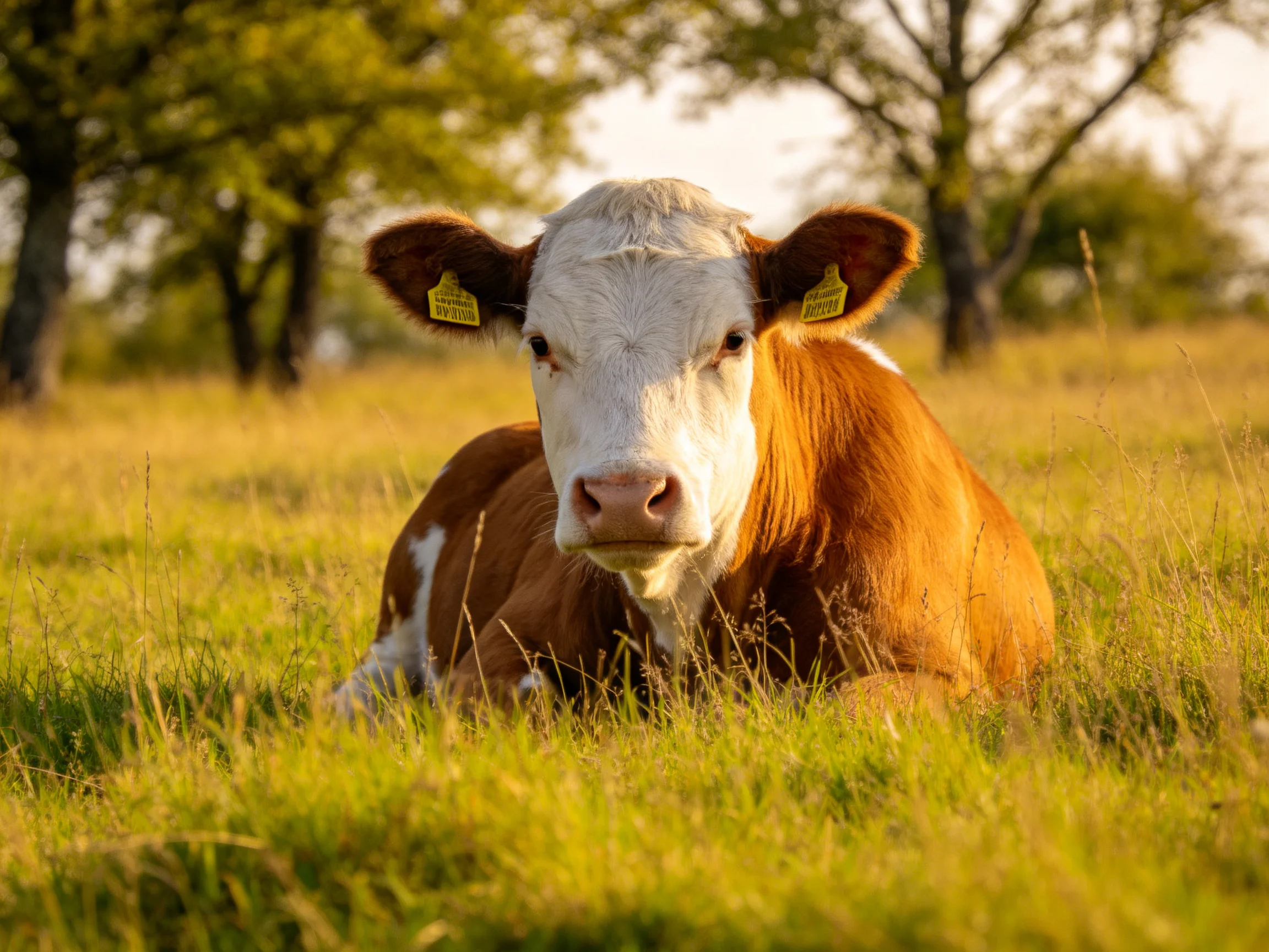 A brown and white cow rests in a sun-drenched grassy field
