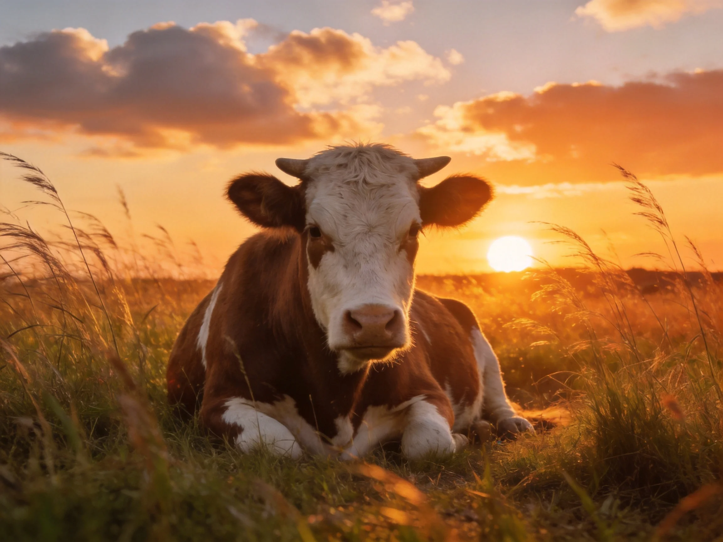 A brown and white cow rests in a sunlit grassy field at sunset