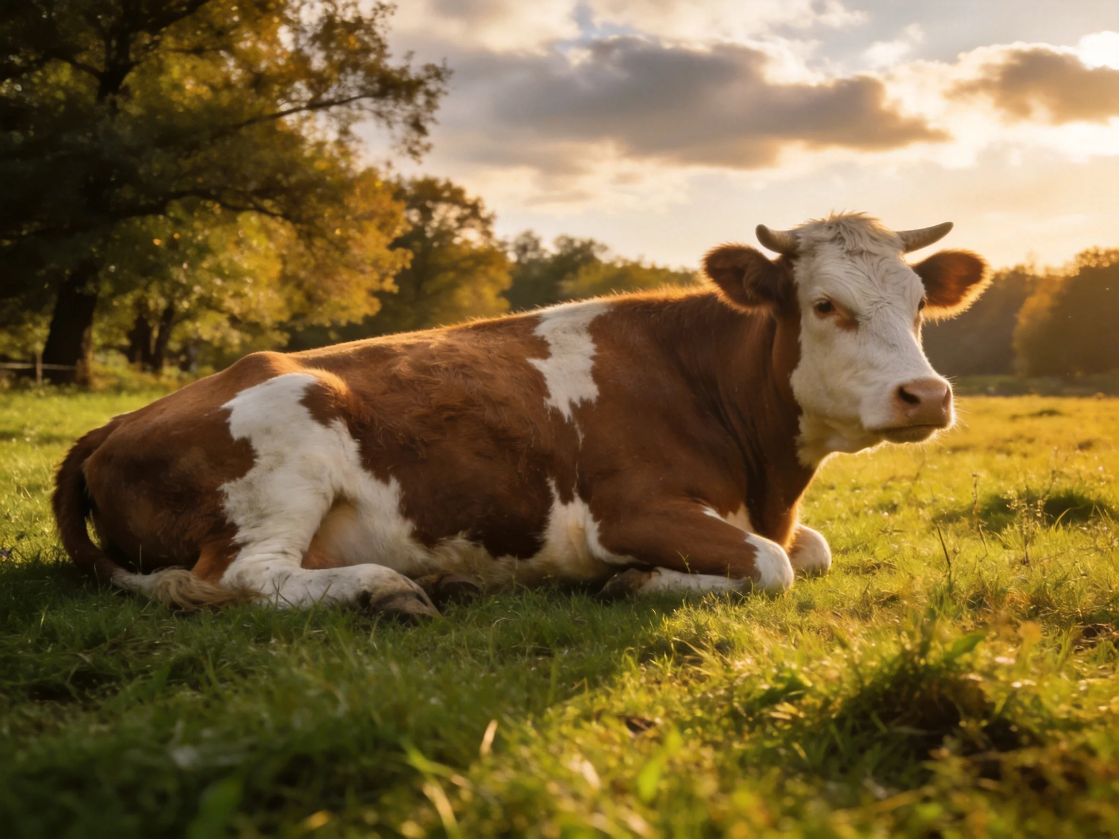 A brown and white cow rests in a sunlit grassy meadow