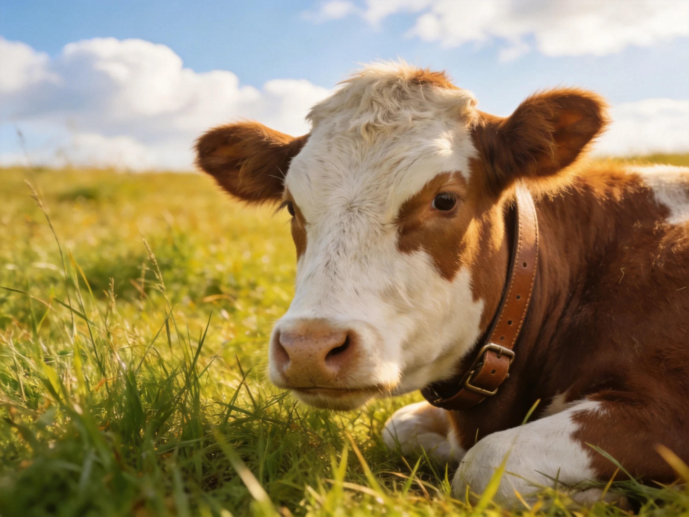 A brown and white cow rests in a sunlit green meadow