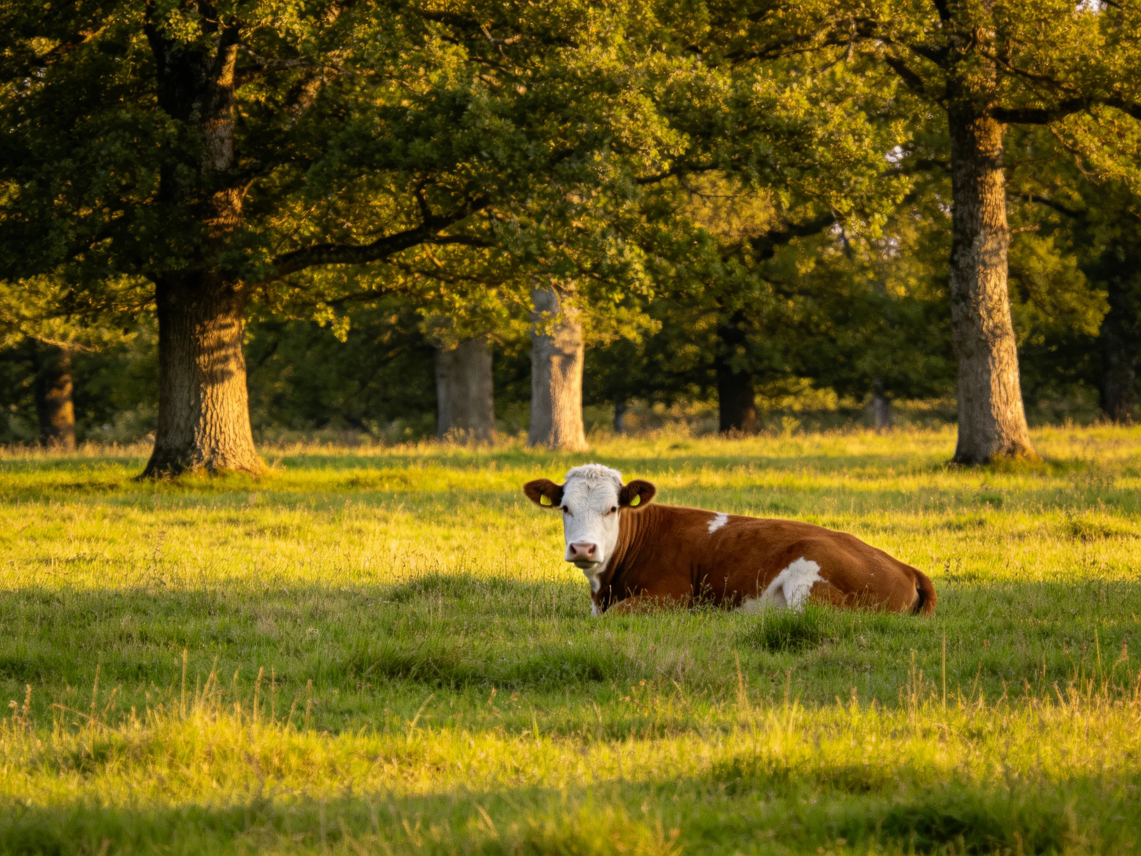 A brown and white cow rests in a sunlit green meadow with tall oak trees