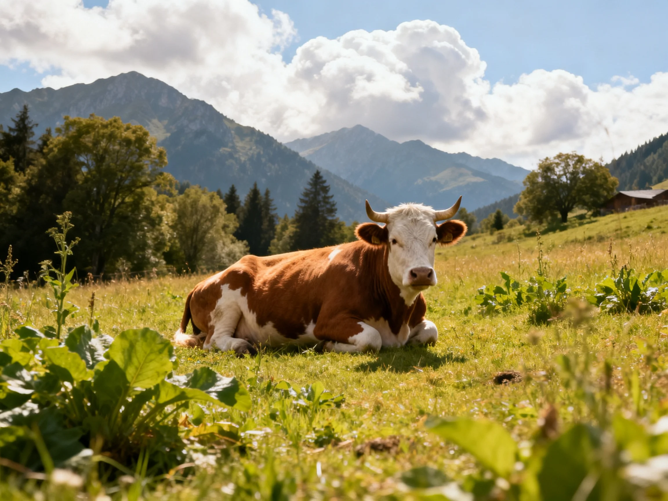 A brown-and-white cow rests in a sunlit meadow near misty mountains