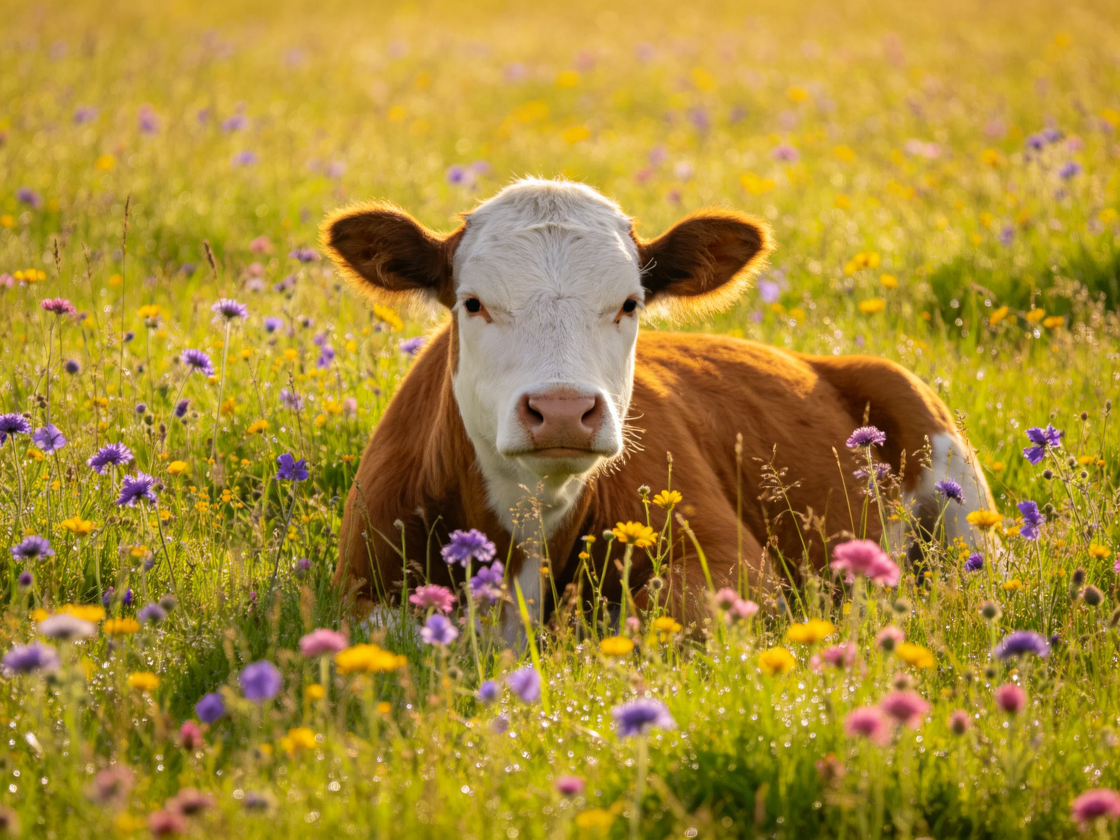 A brown and white cow rests in a sunlit meadow of colorful wildflowers