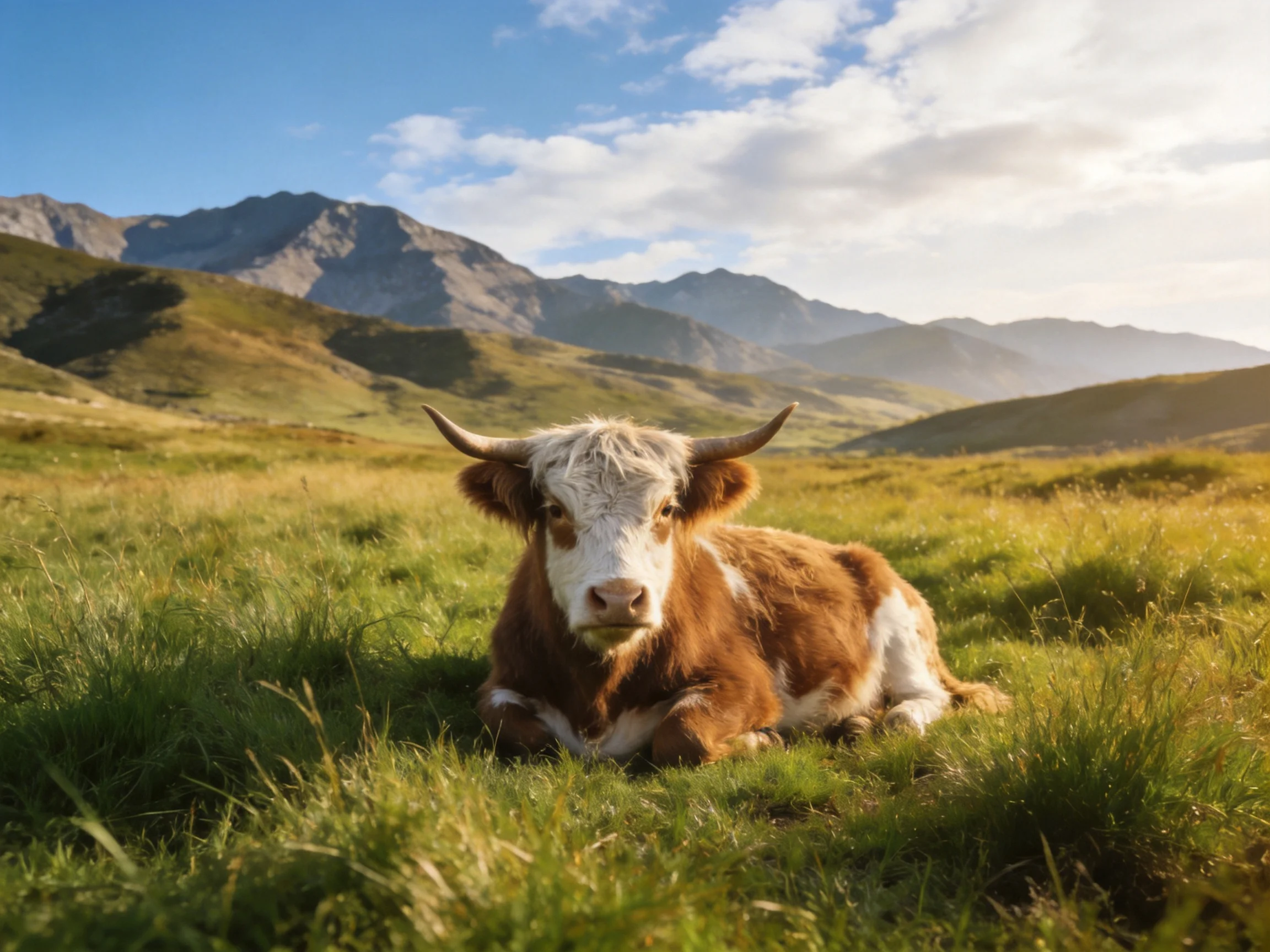 A brown-and-white cow rests in a sunlit meadow with distant mountains