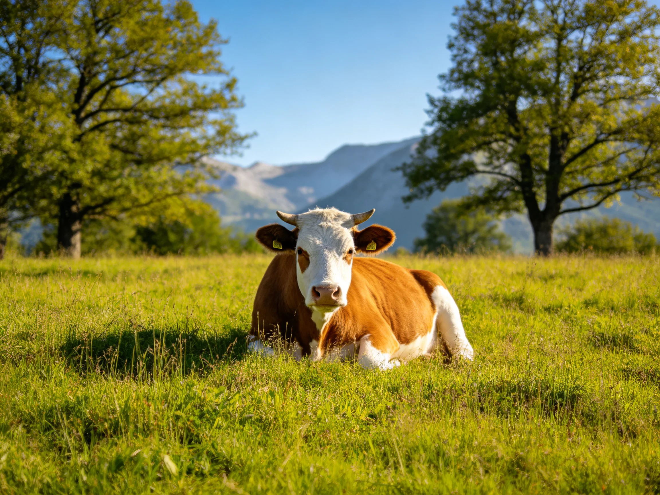 A brown and white cow rests in a sunlit meadow with tall trees