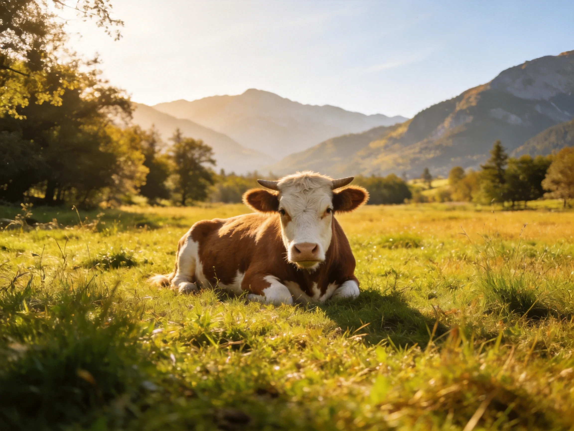 A brown-and-white cow rests in a sunlit mountain meadow