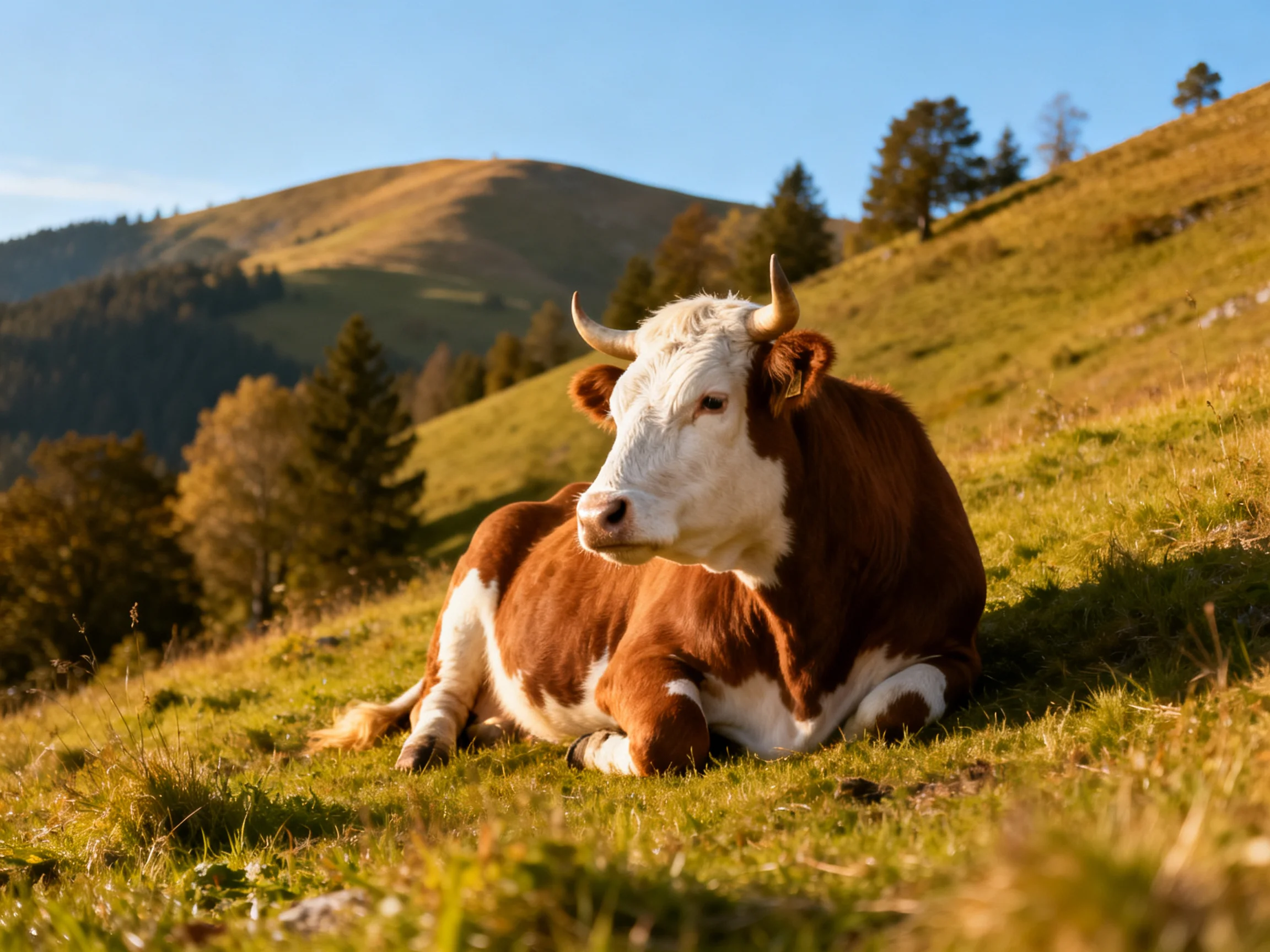 A brown and white cow rests in a sunlit mountain meadow