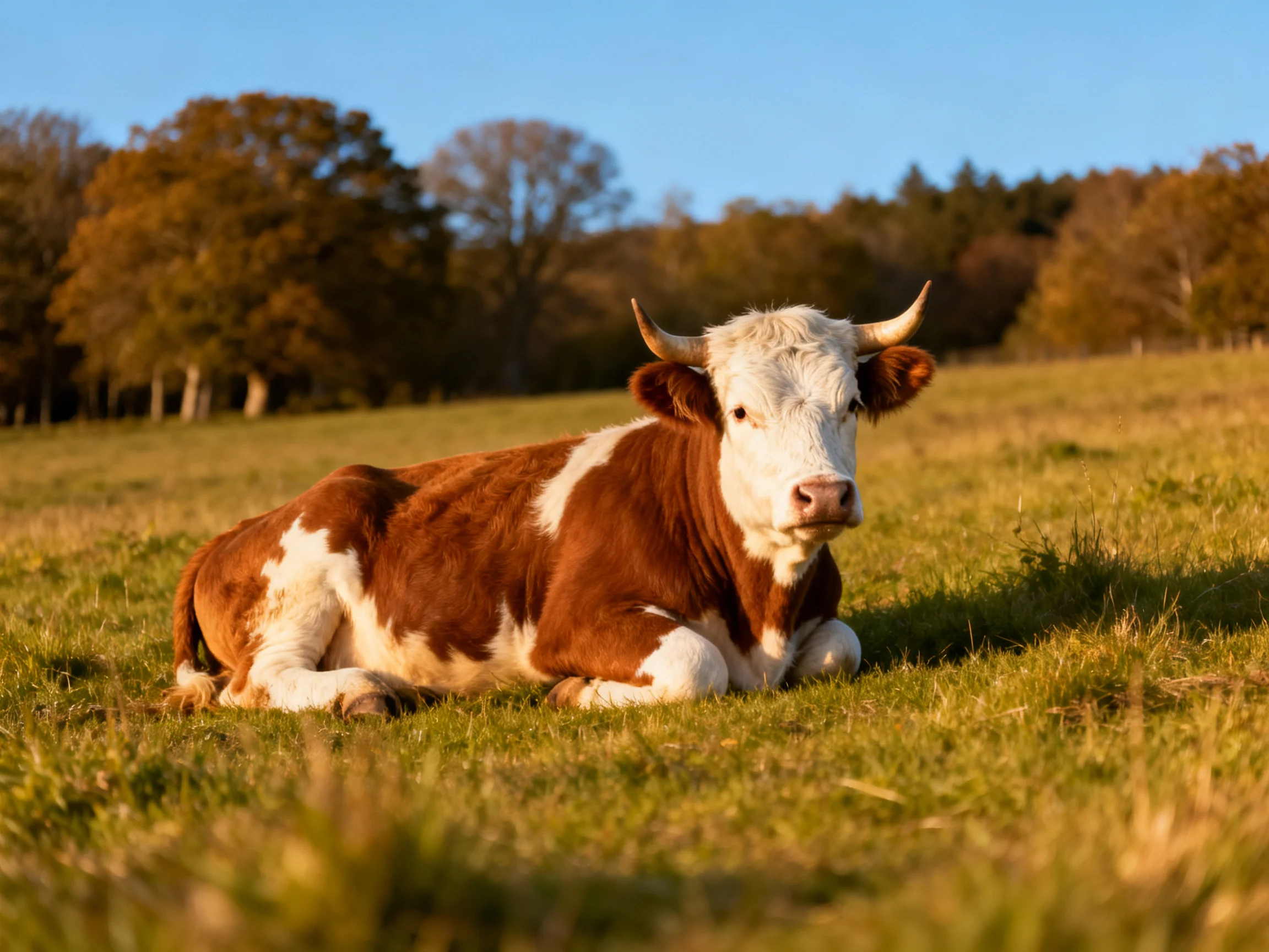 A brown and white cow relaxes in a sunlit meadow near trees.
