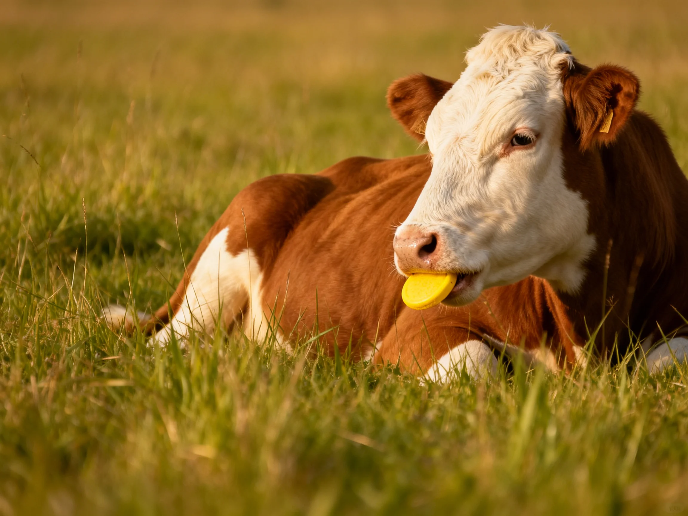 A brown and white cow relaxes in grass while holding a yellow object.