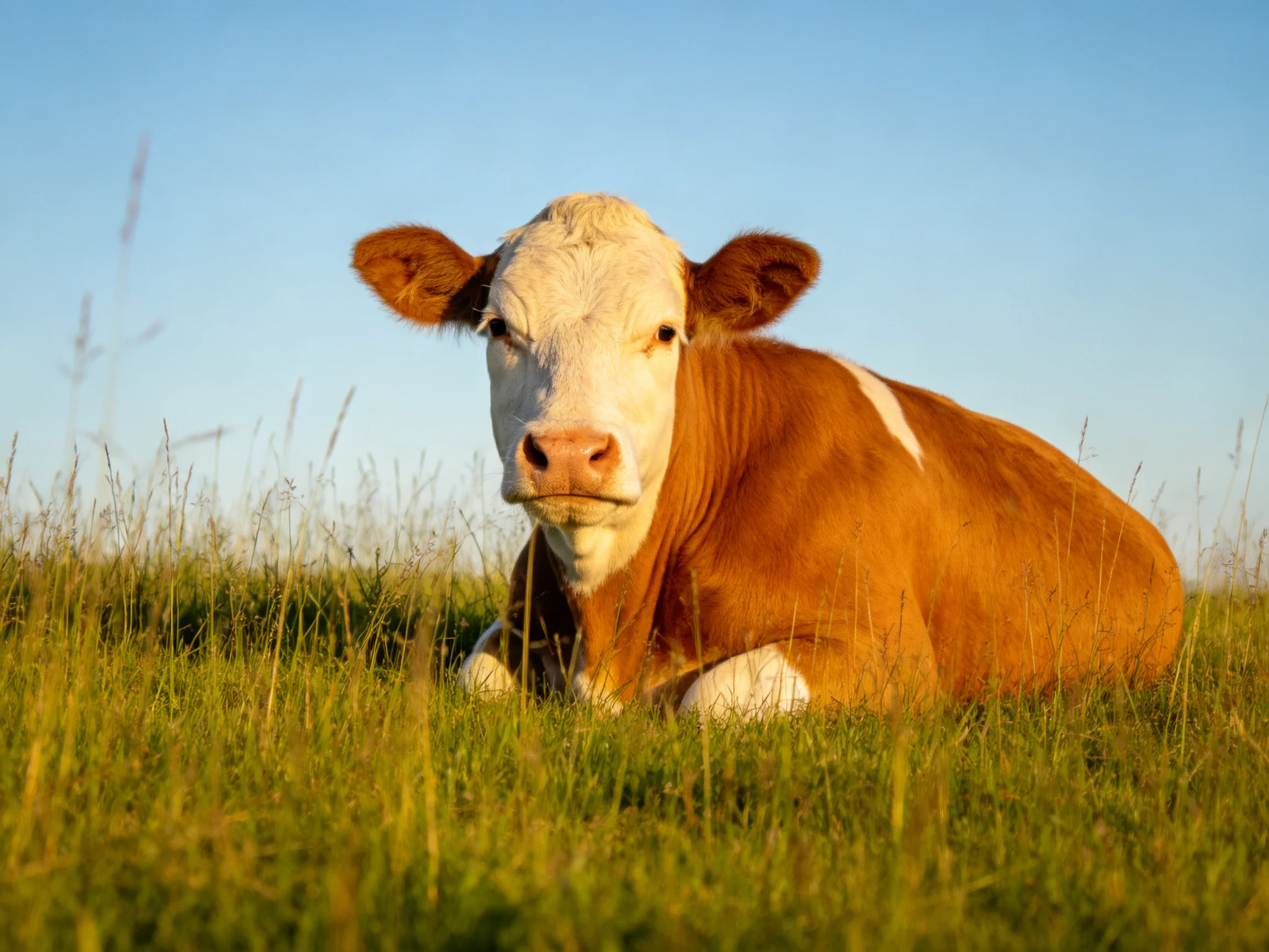 A brown and white cow rests in tall green grass beneath a clear blue sky