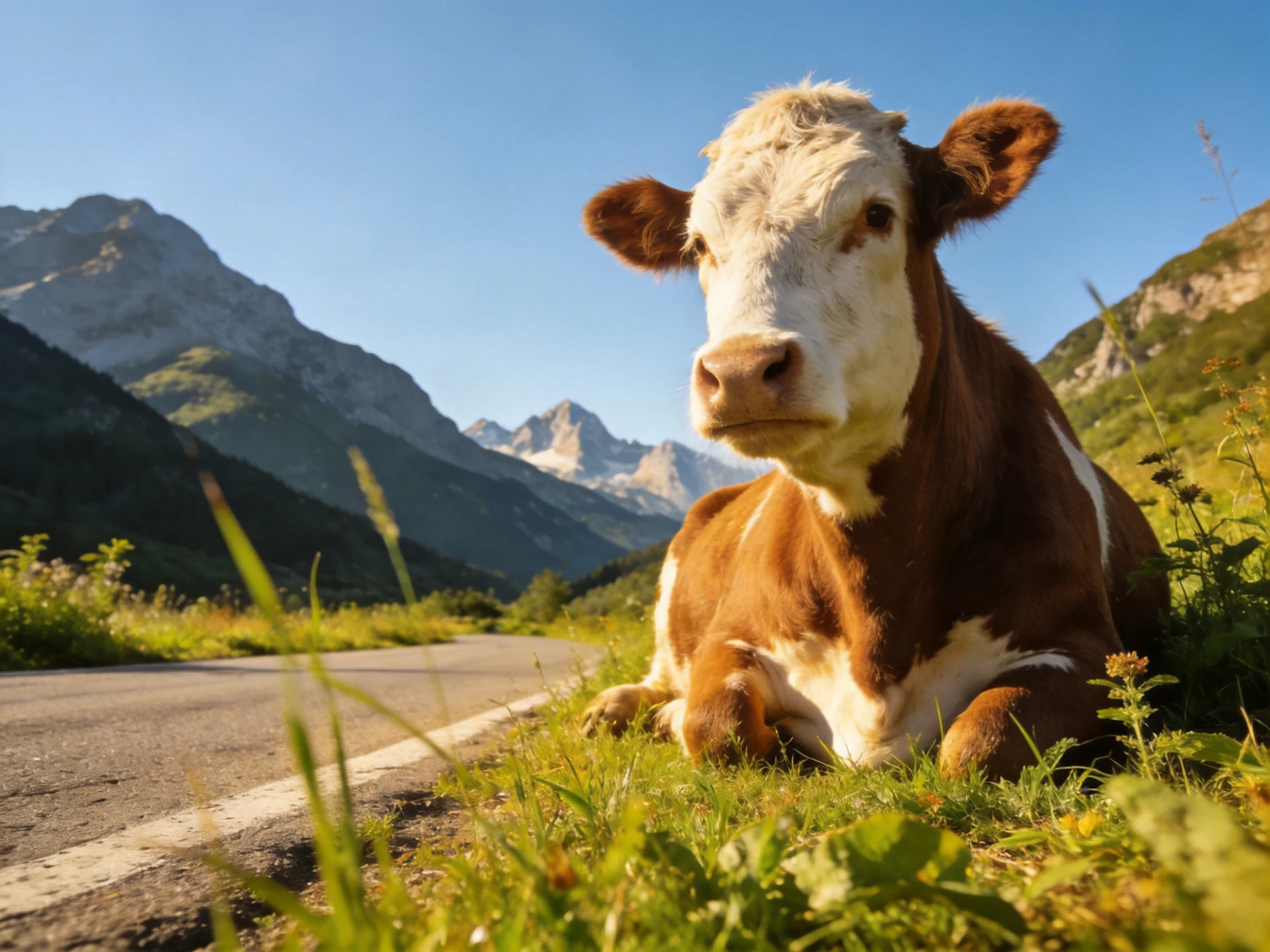 A brown and white cow rests by a mountainous roadside in a clear sky.