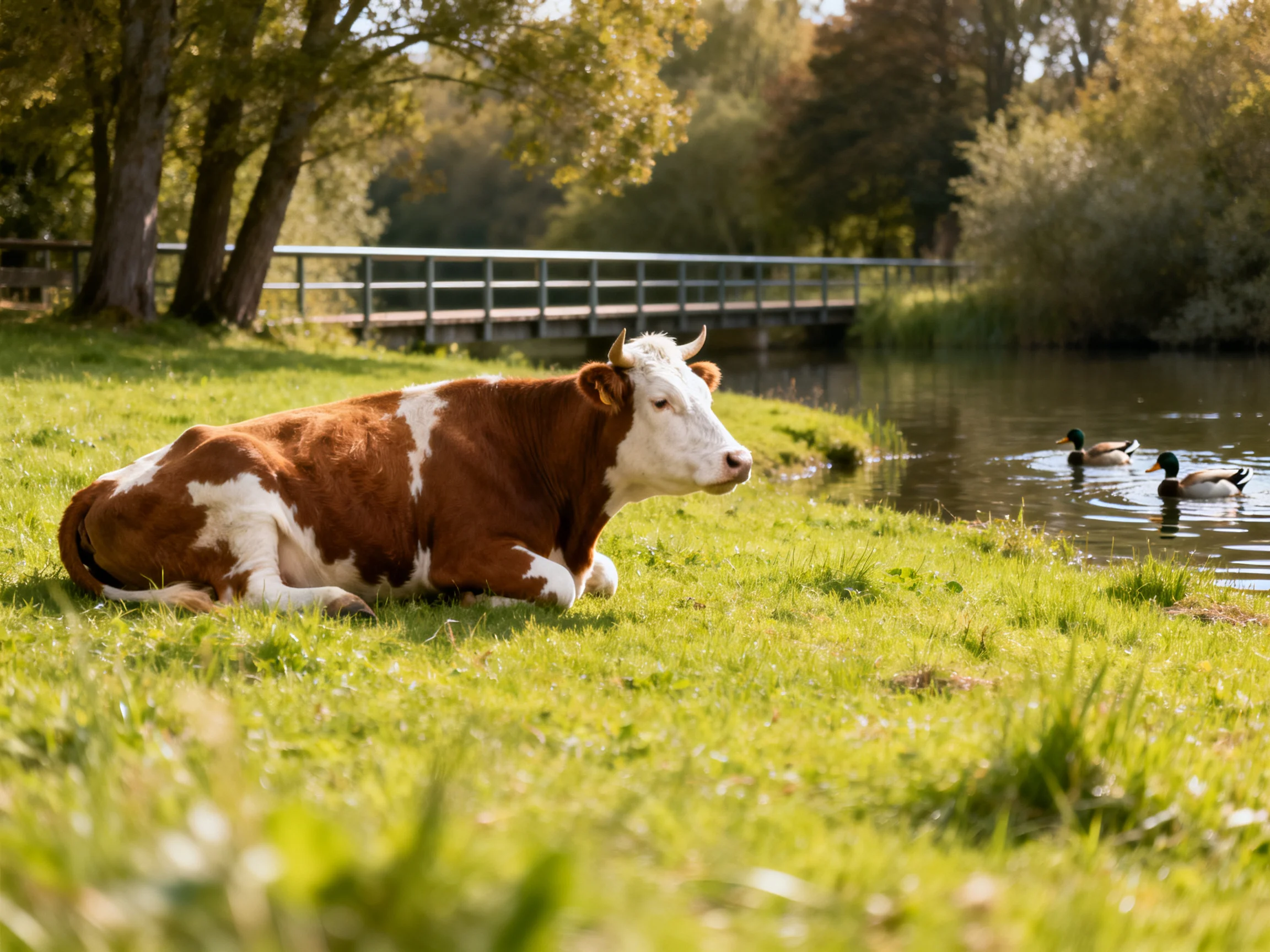 A brown and white cow rests near a pond with ducks swimming.