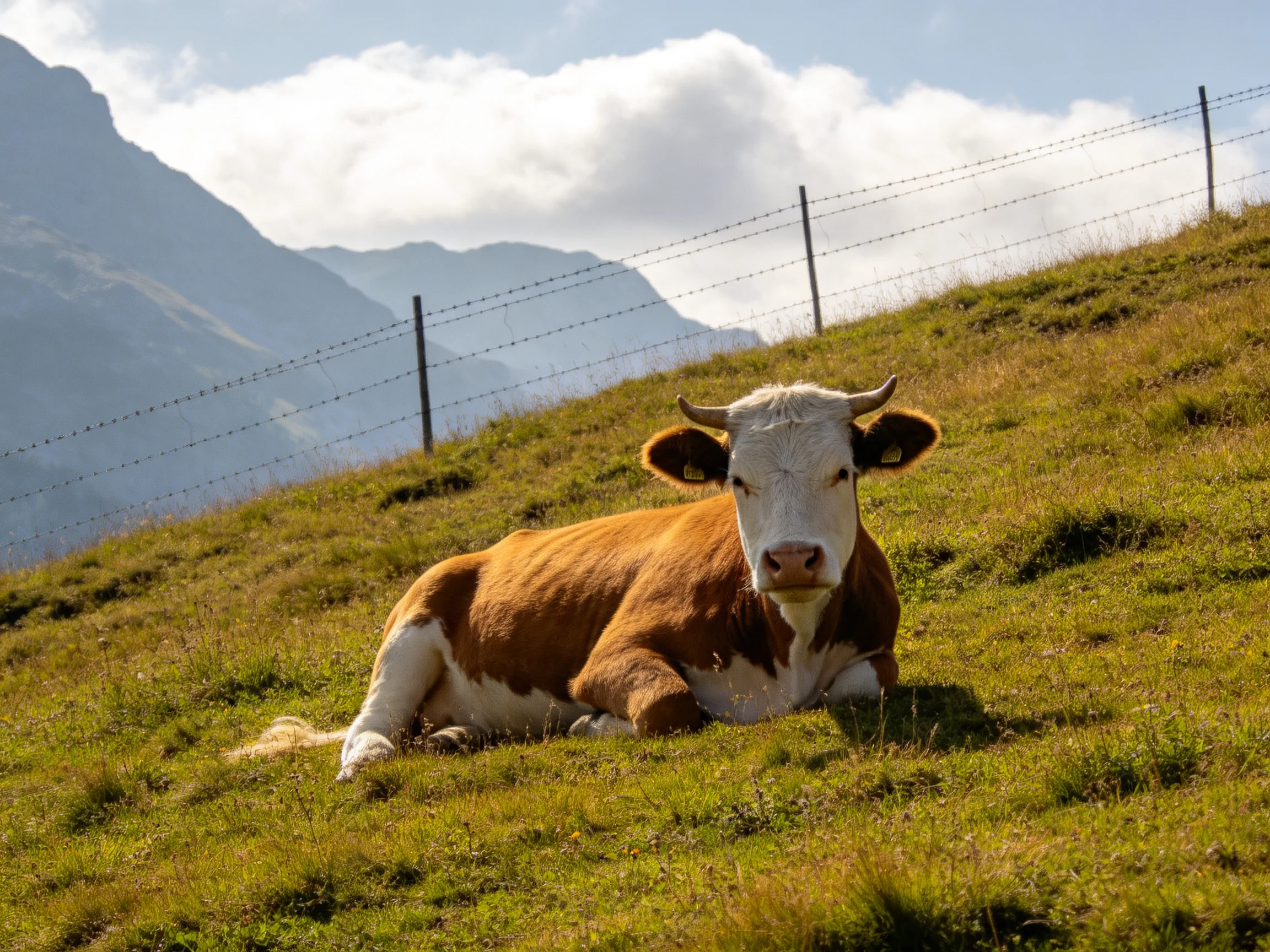 A brown and white cow rests on a grassy hillside with barbed wire and mountains