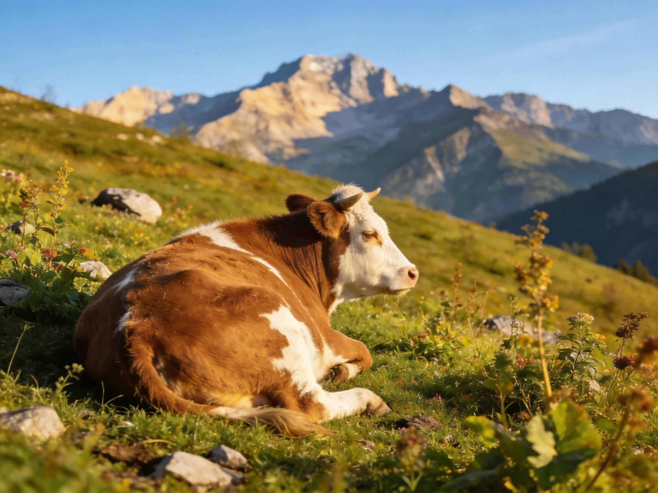 A brown-and-white cow relaxes on a grassy hillside with mountains in the distance.