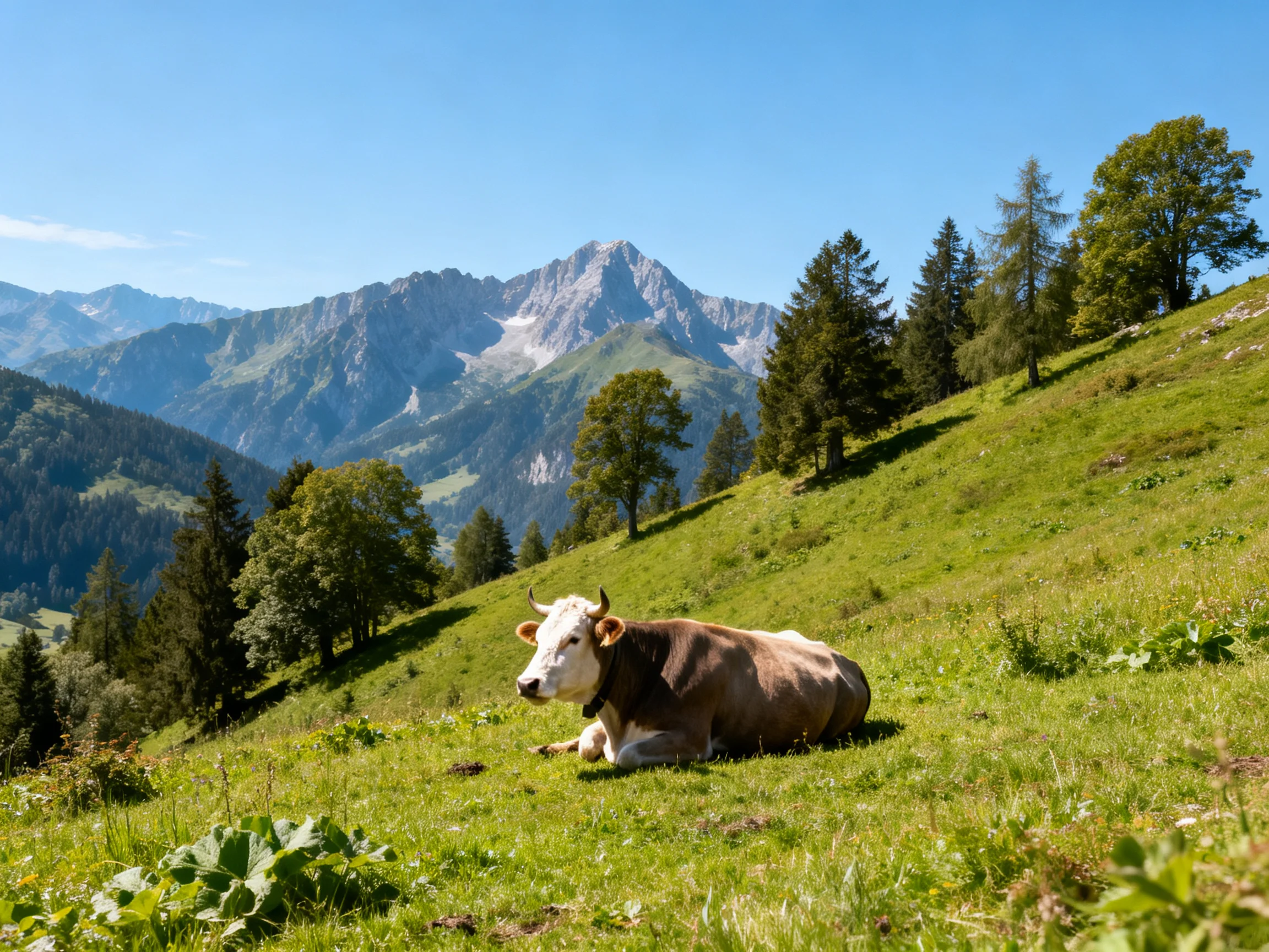 A cow relaxes on a grassy hillside with mountainous backdrop.