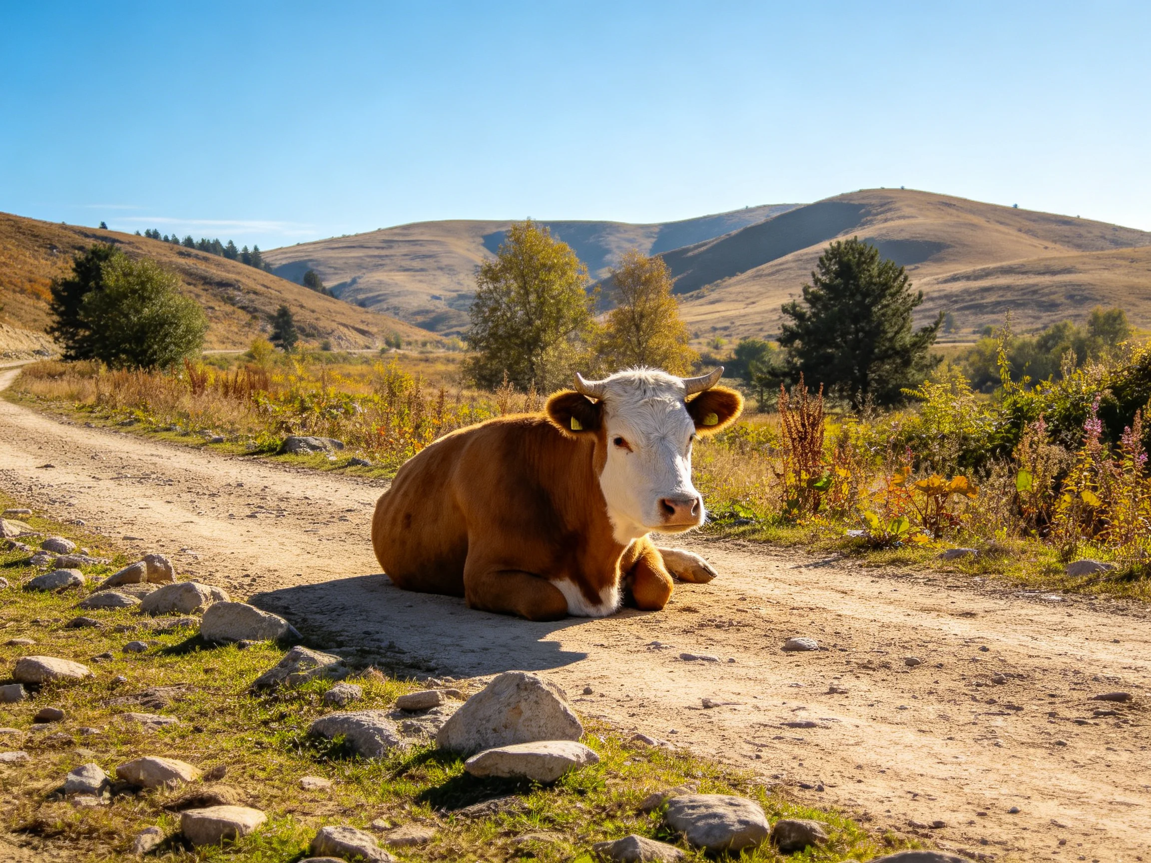 A brown and white cow rests on a rocky dirt path near rolling hills