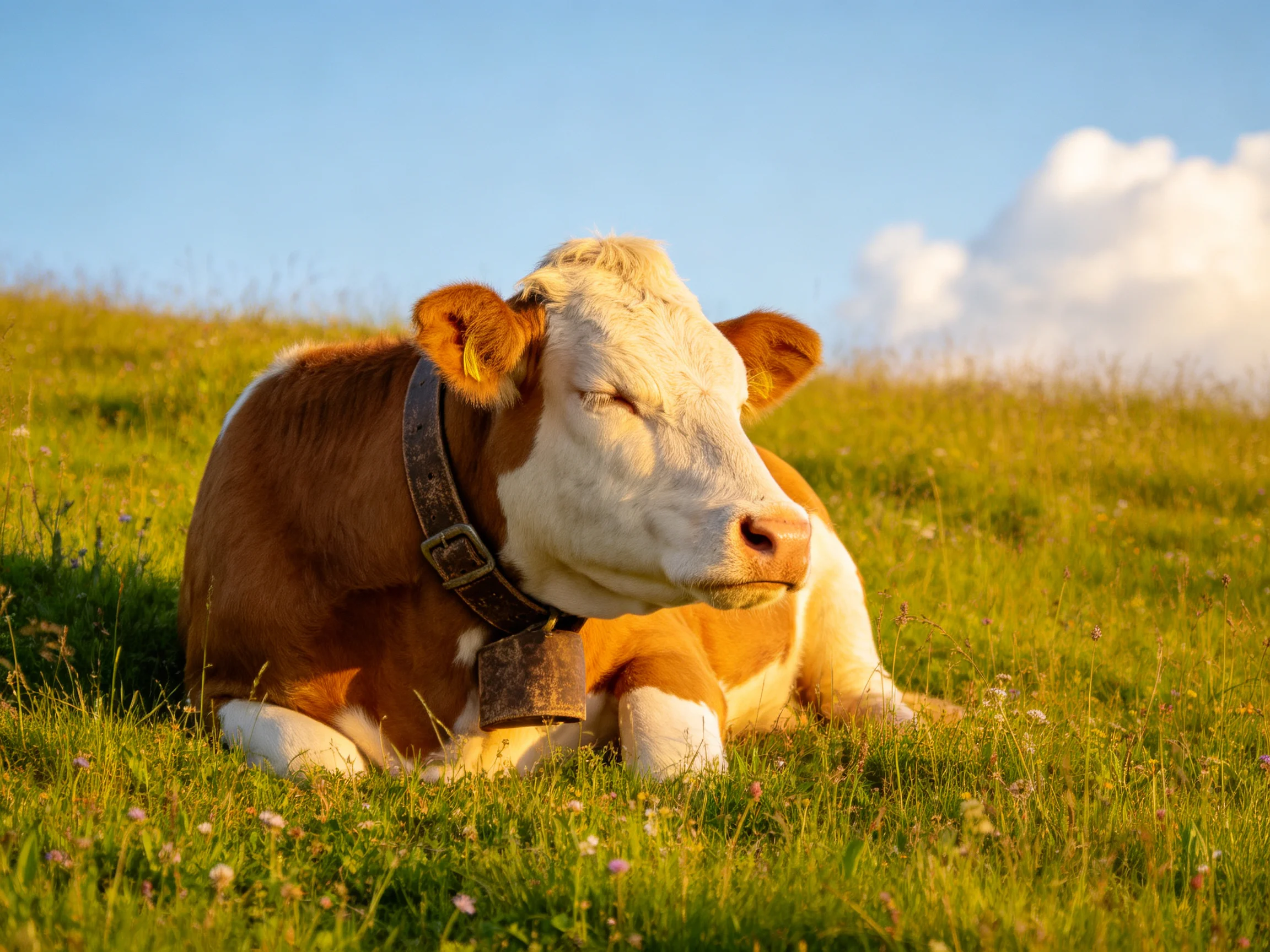 A brown and white cow rests on a sunlit grassy hillside