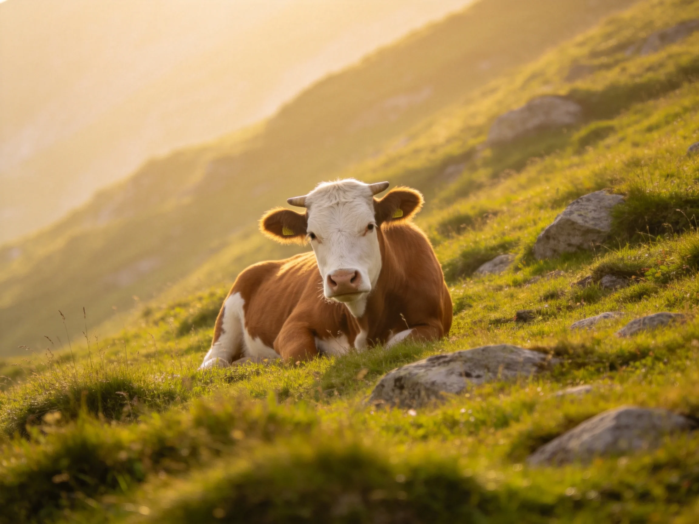 A brown-and-white cow rests on a sunlit rocky grassy hillside