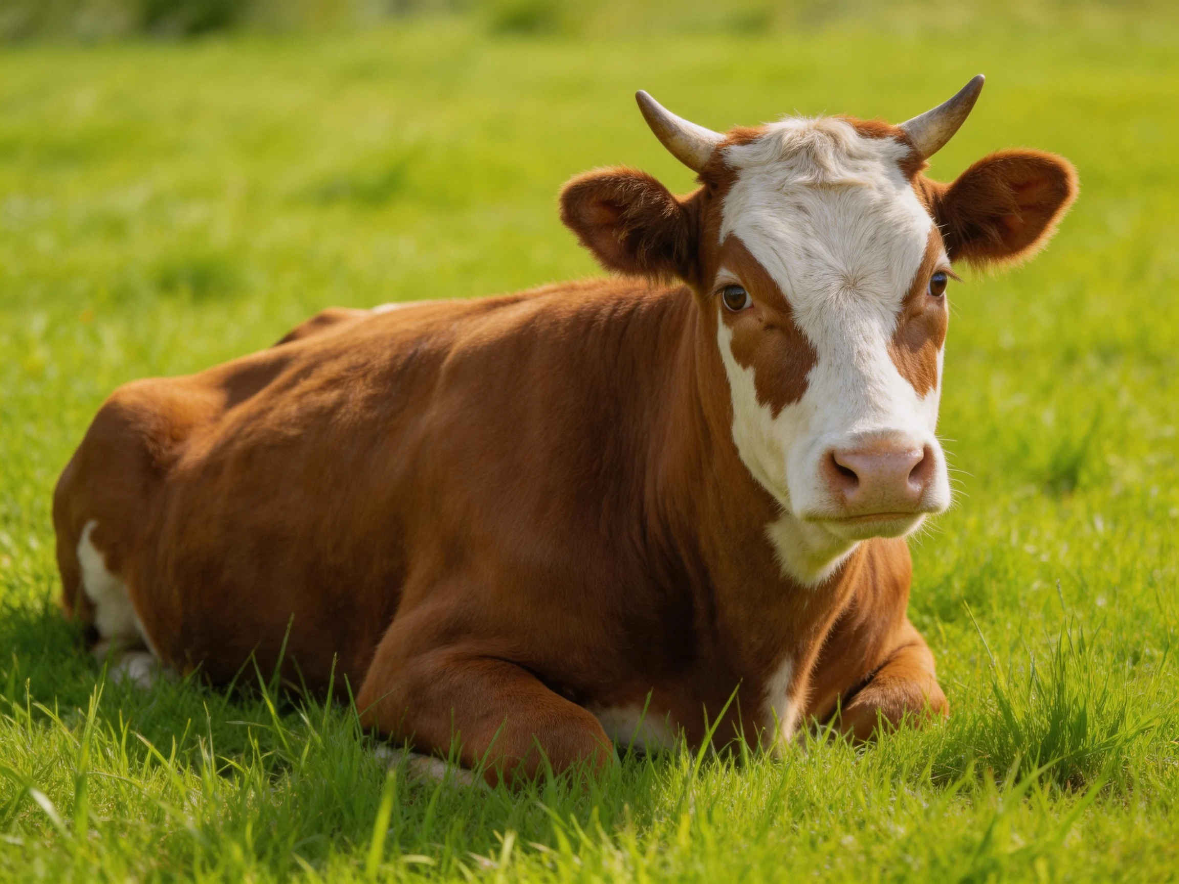 A brown and white cow relaxes on a field of green grass