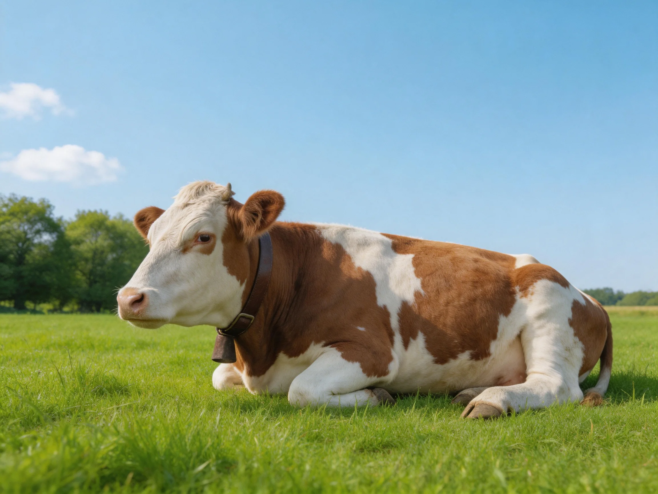 A brown and white cow rests on lush green grass under a clear blue sky