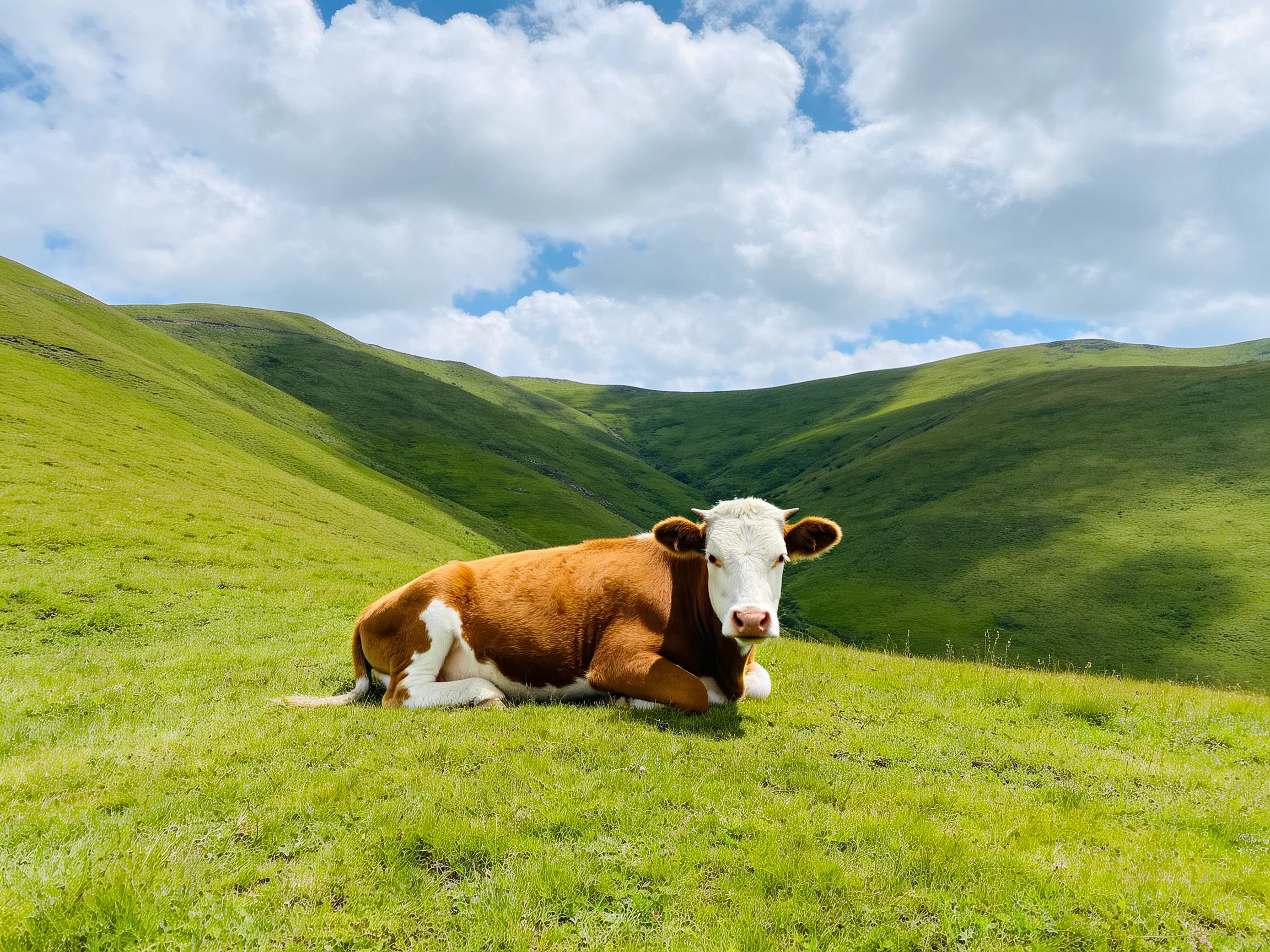 A brown and white cow relaxes on a grassy hillside amid rolling green hills.