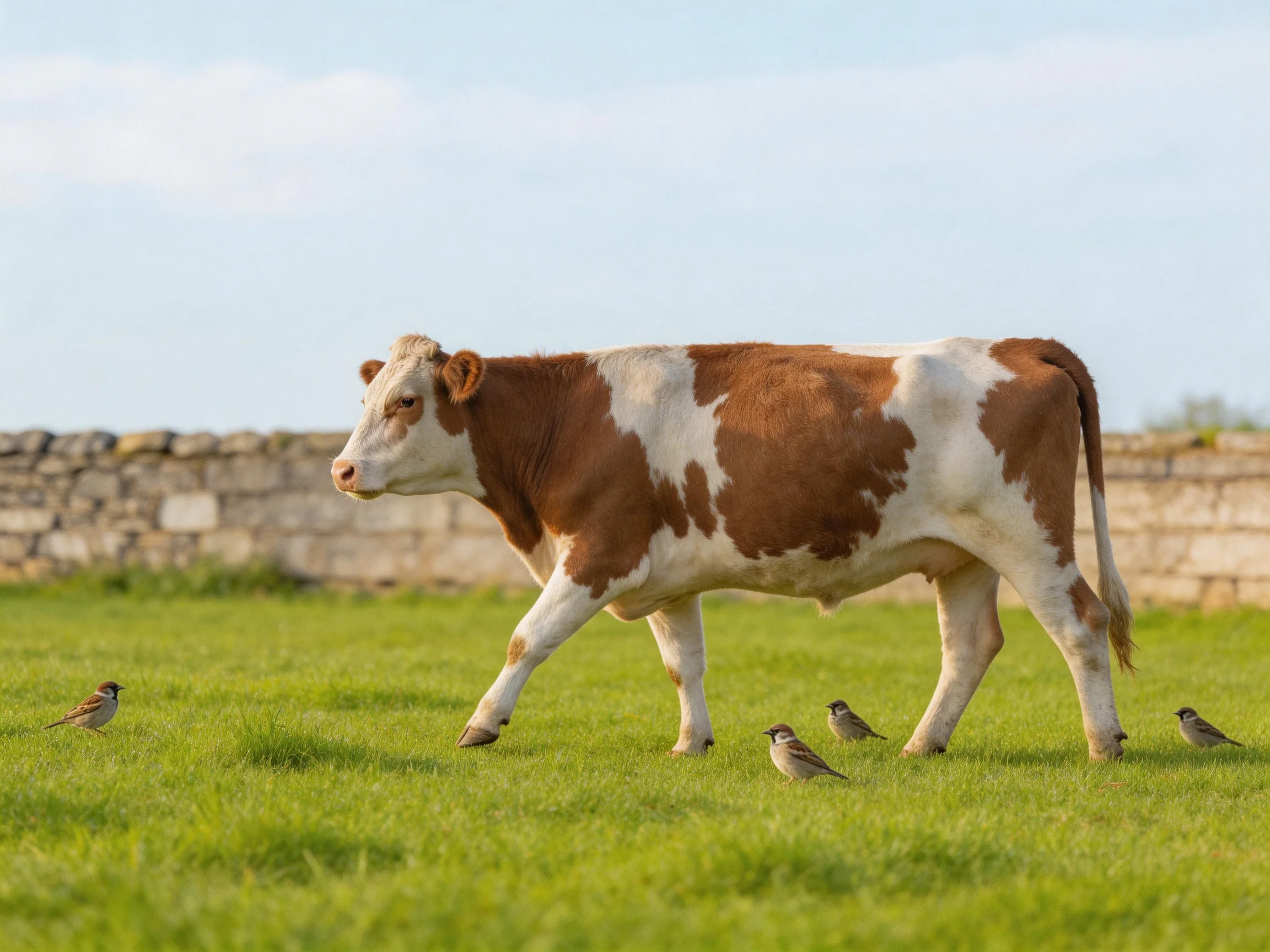 A brown and white cow roams a green meadow with small birds
