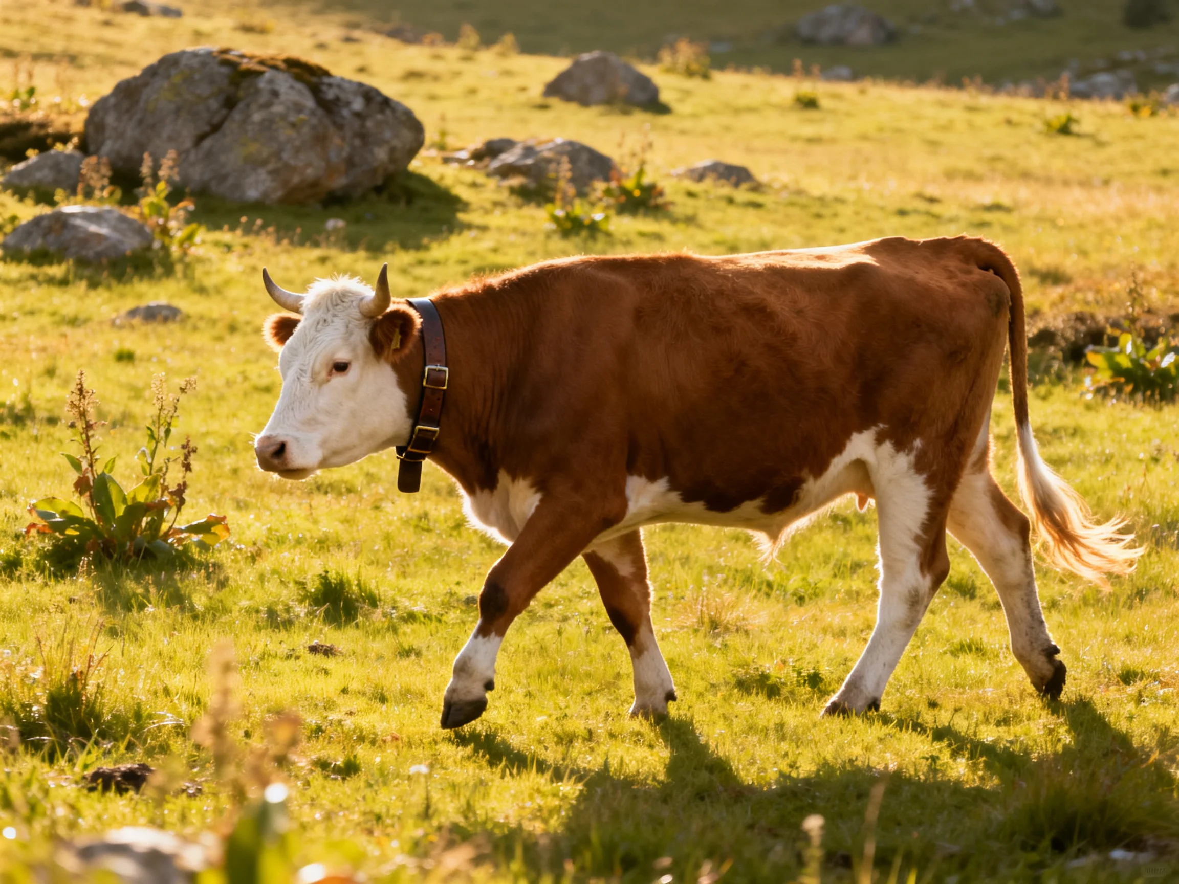 A brown and white cow roams a sunlit rocky meadow