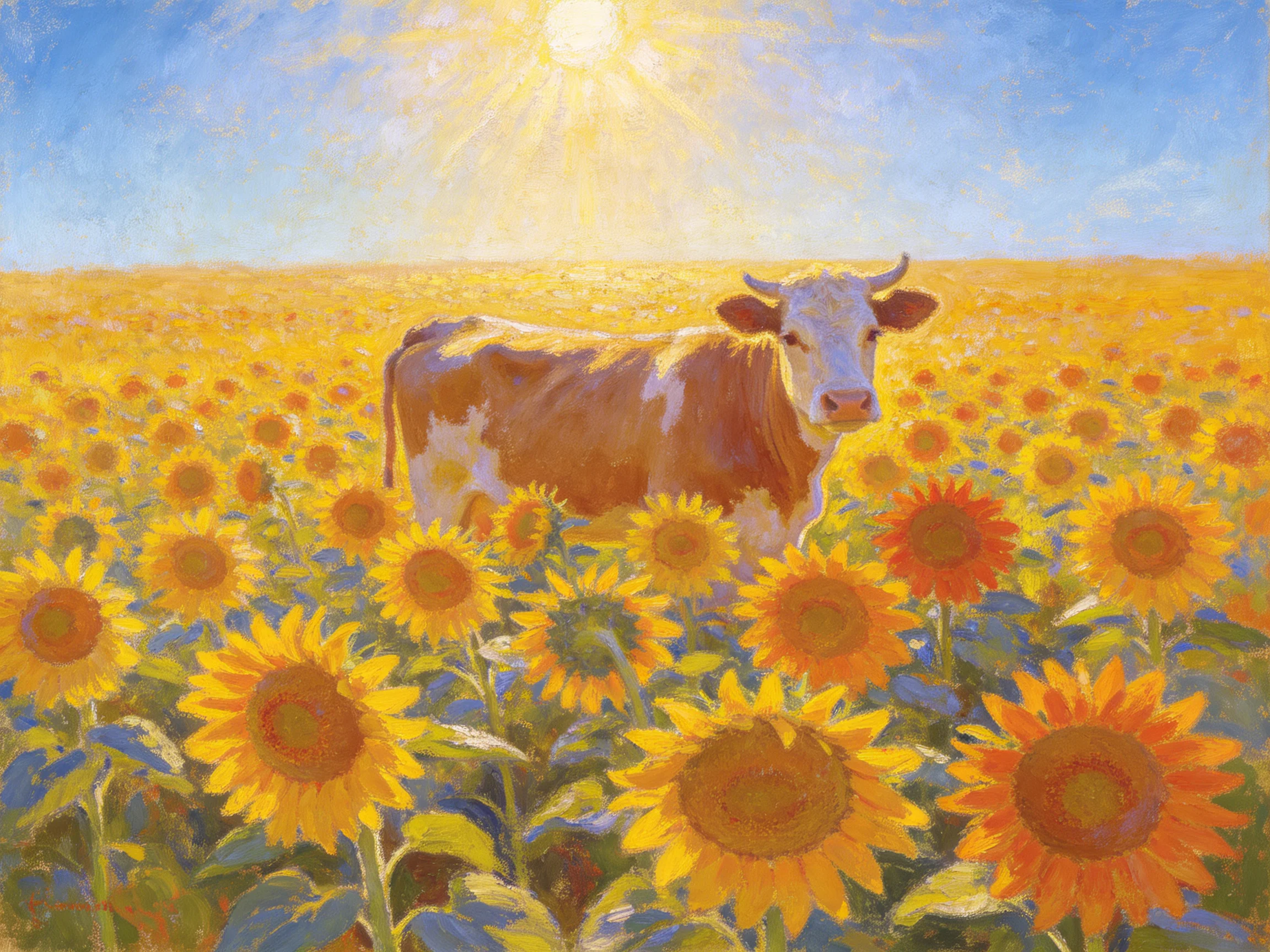 A brown-and-white cow stands amid a vast sunflower field under bright sunlight