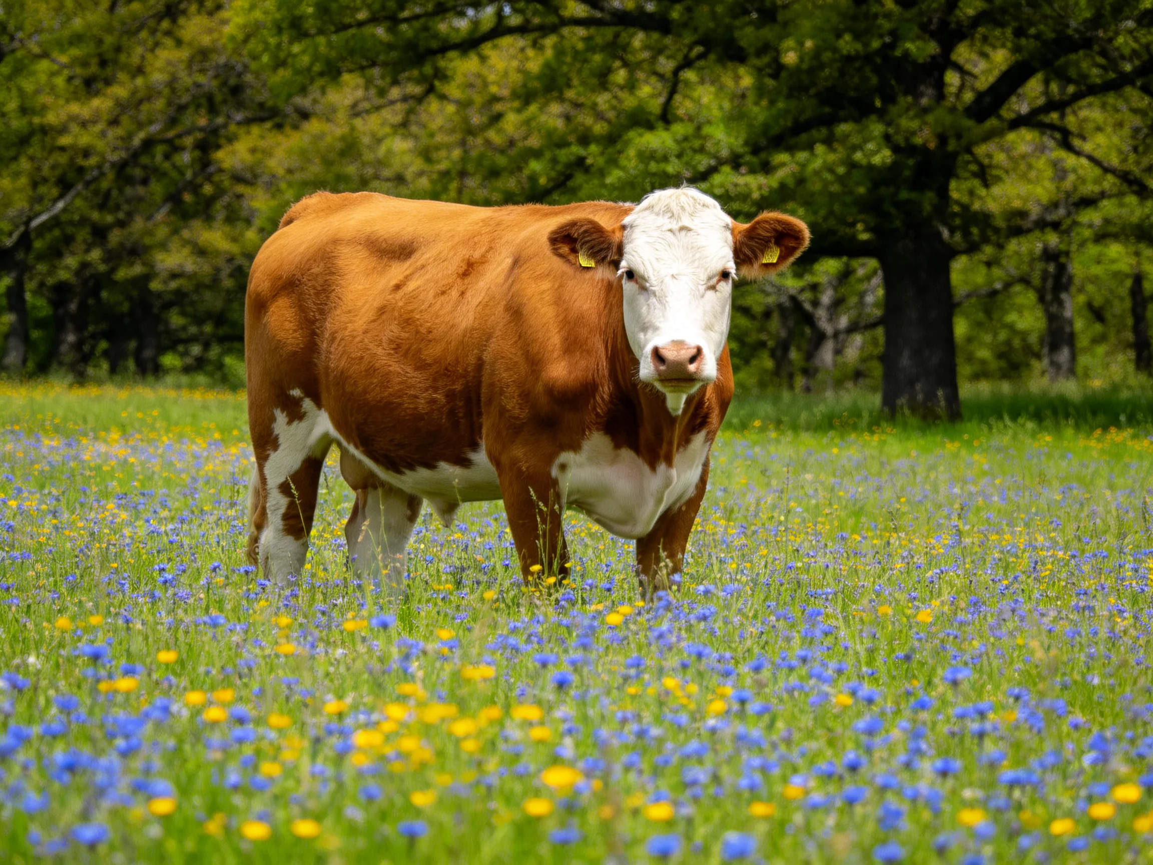 A brown-and-white cow stands amid vibrant wildflowers and lush green trees