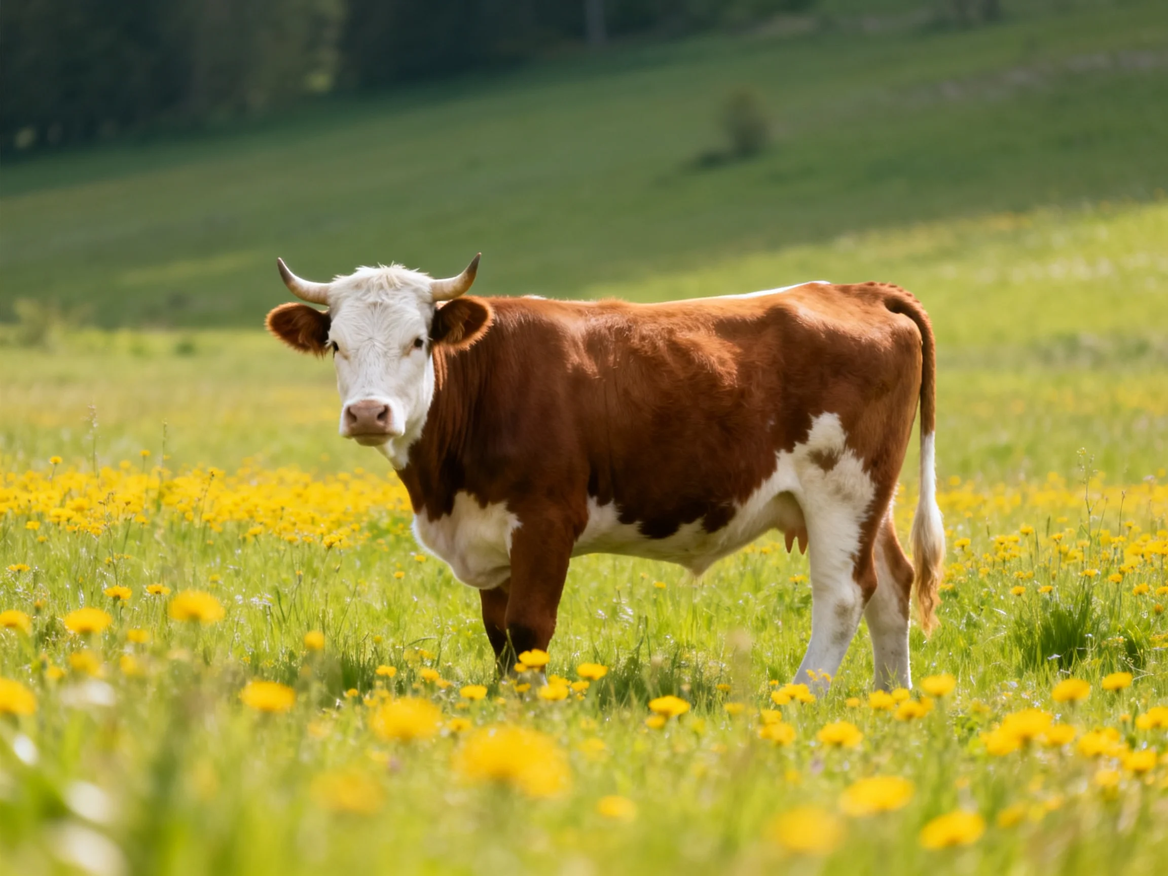 A brown and white cow stands amid yellow wildflowers in a green pasture