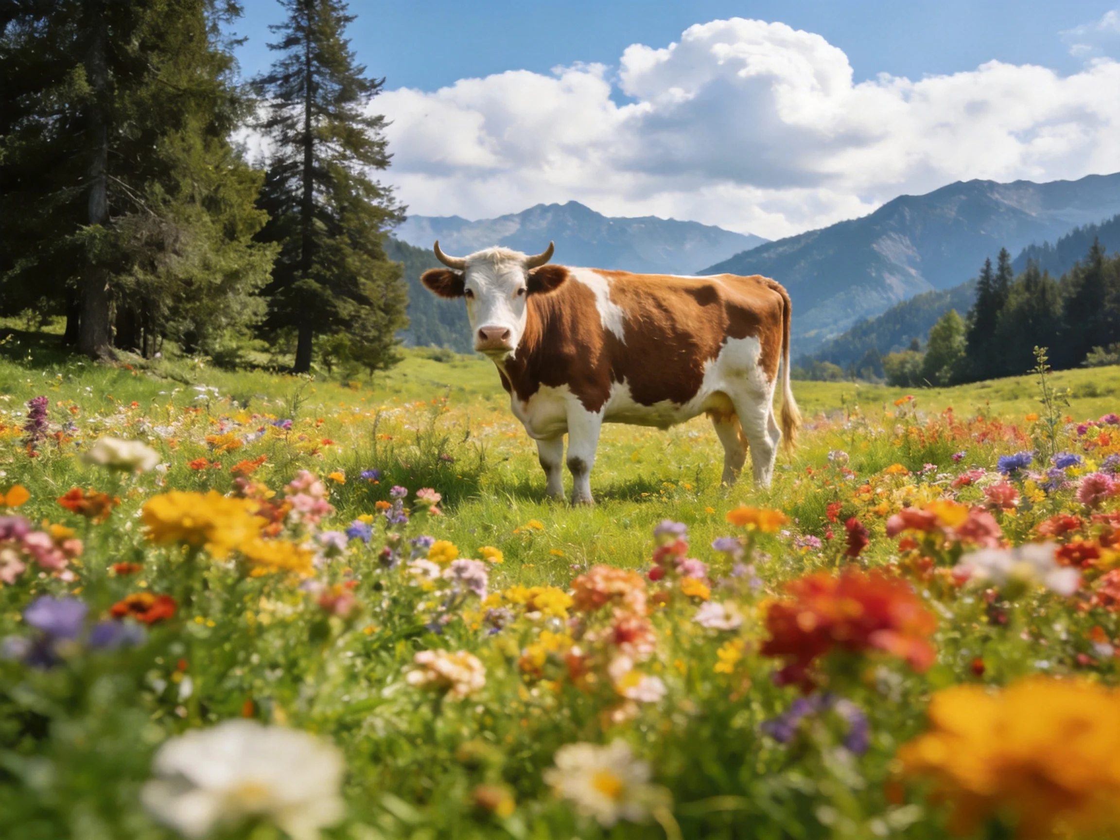 A brown-and-white cow stands among colorful wildflowers in a mountain meadow
