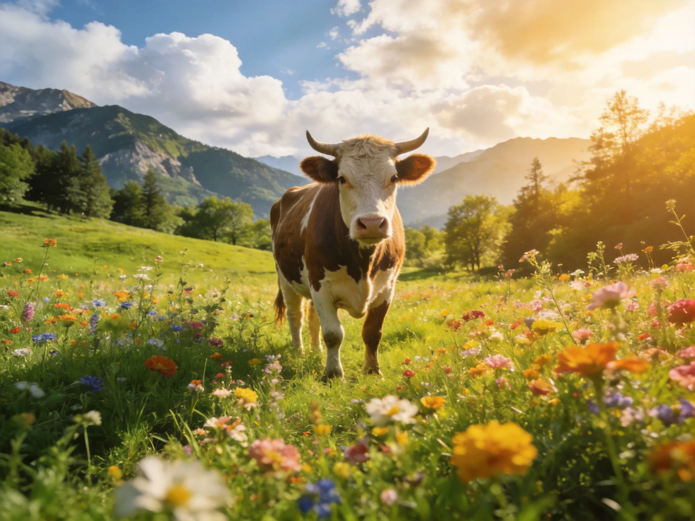 A brown and white cow stands among colorful wildflowers in a sunlit mountain meadow