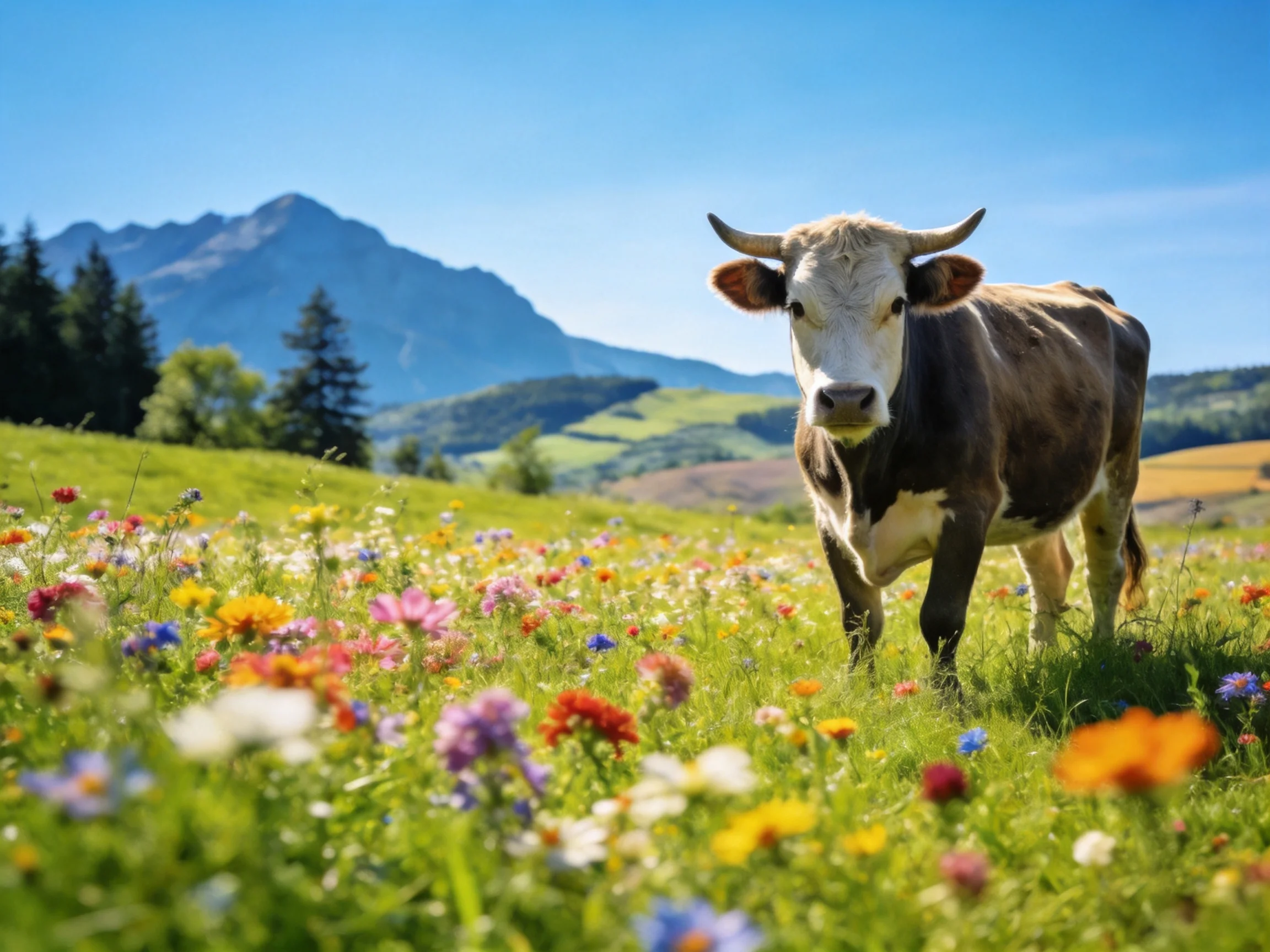 A brown-and-white cow stands among colorful wildflowers near a mountainous landscape