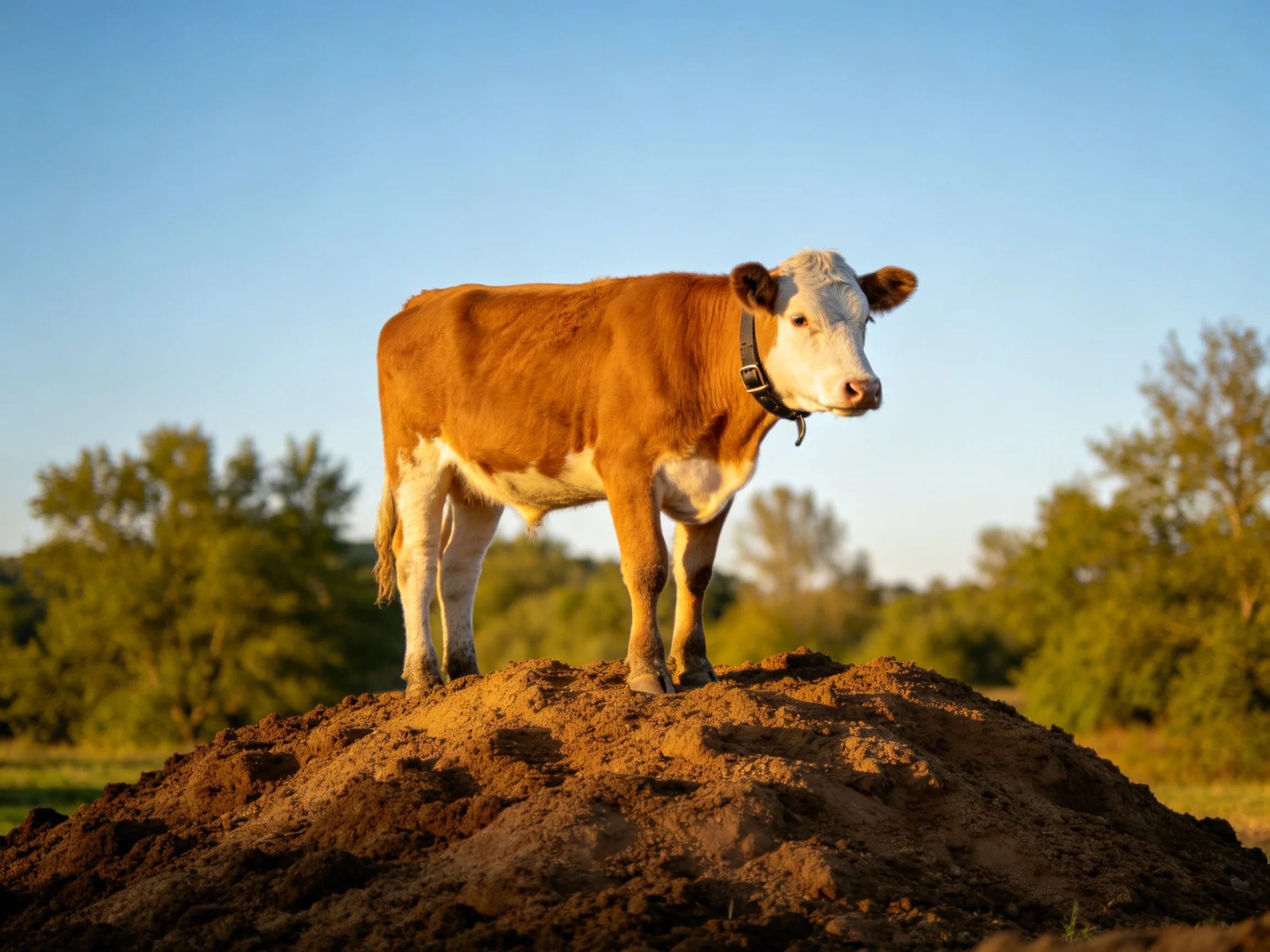 A brown and white cow stands atop a dirt mound in a sunlit field