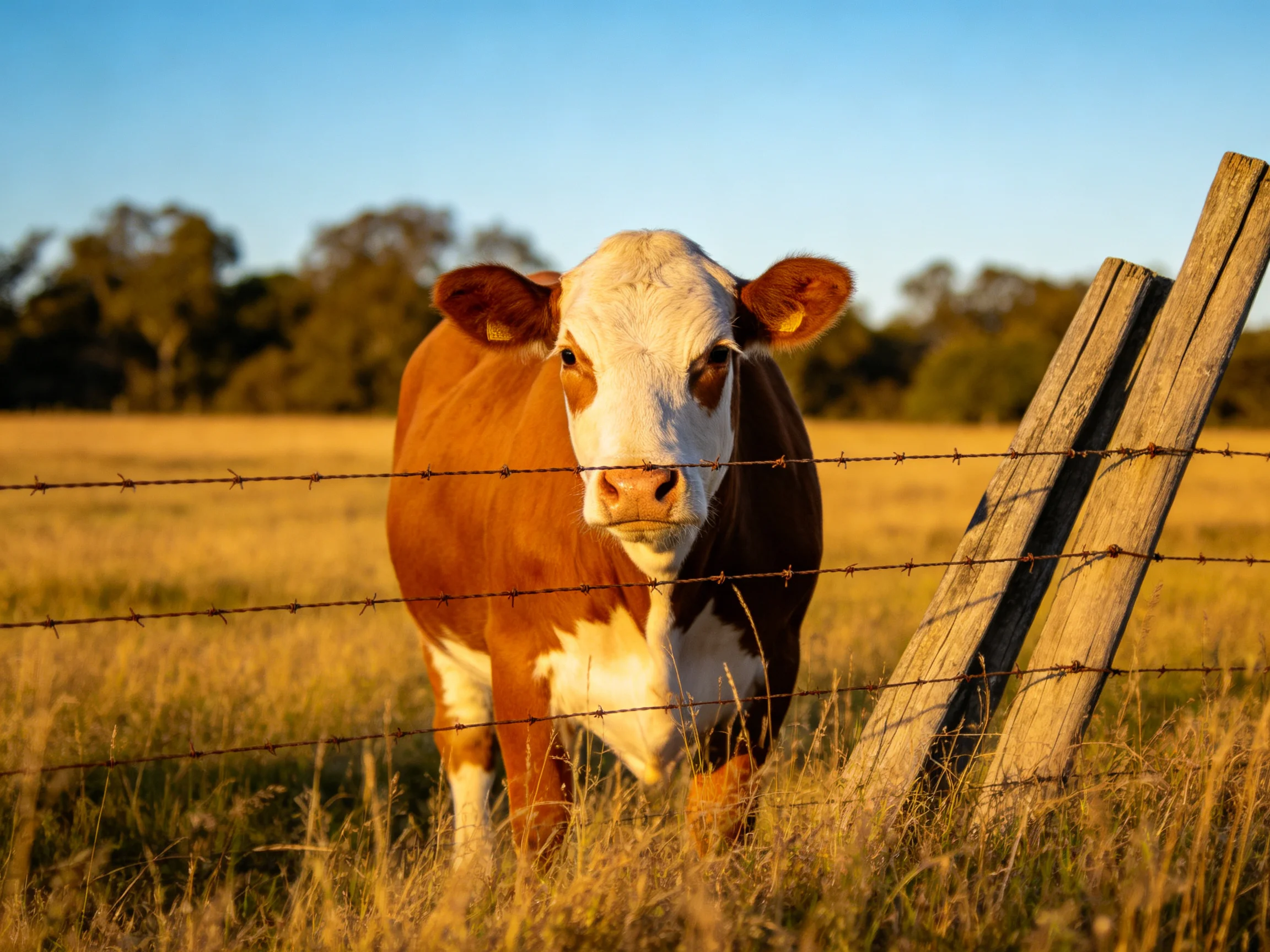 A brown and white cow stands behind a barbed wire fence in a golden field