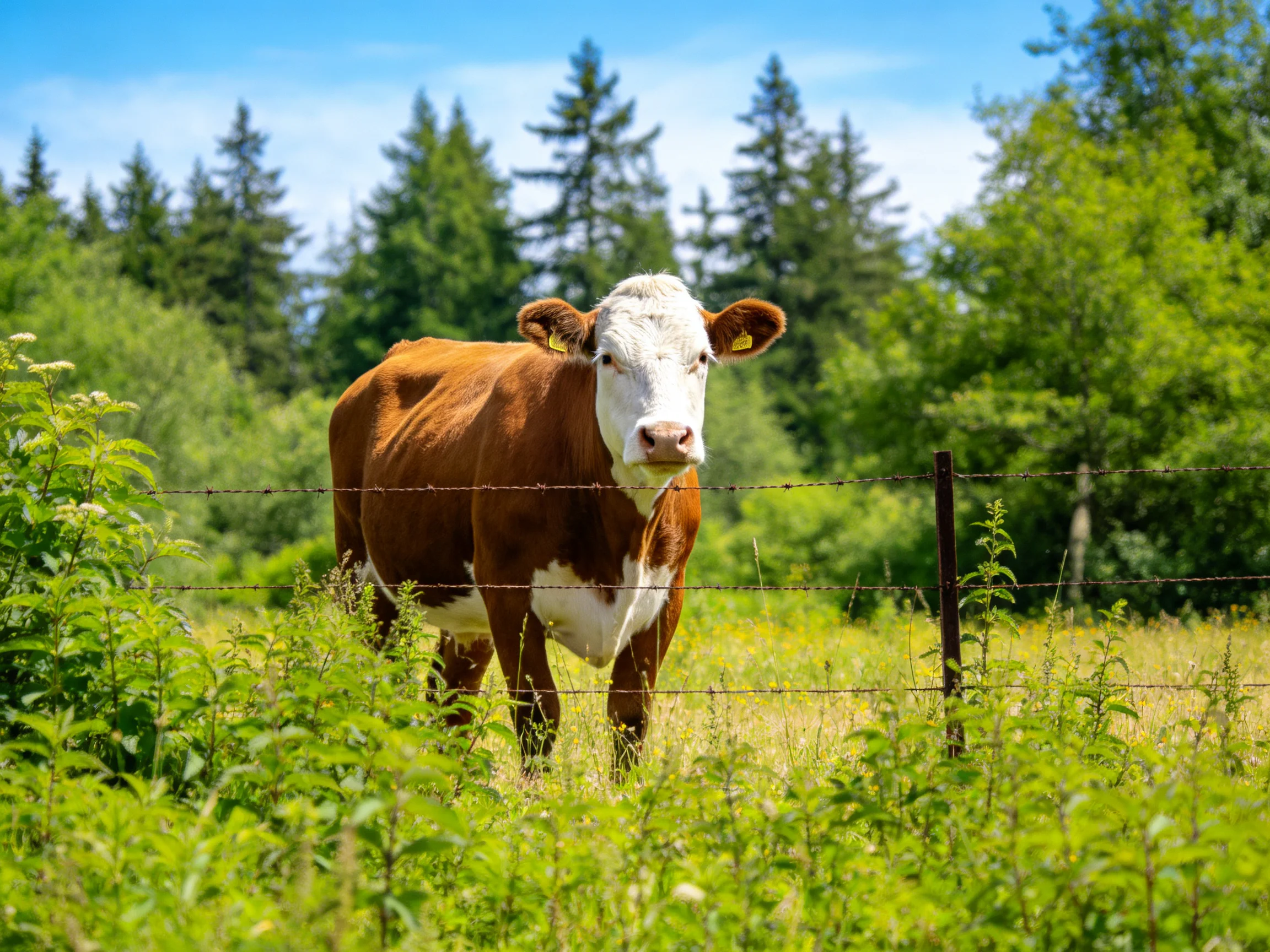 A brown and white cow stands behind barbed wire in a lush green meadow