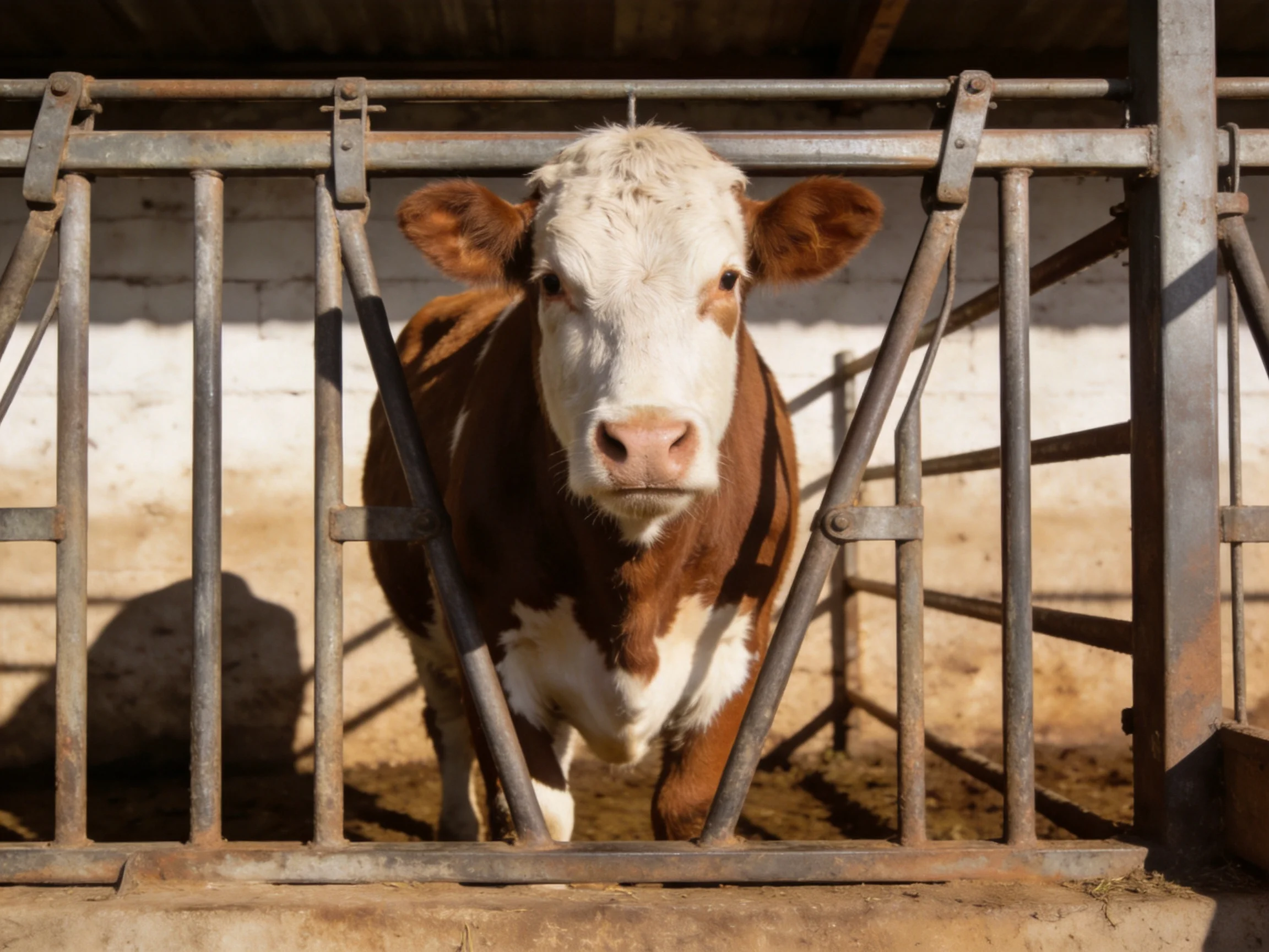 A brown and white cow stands behind metal bars in a barn