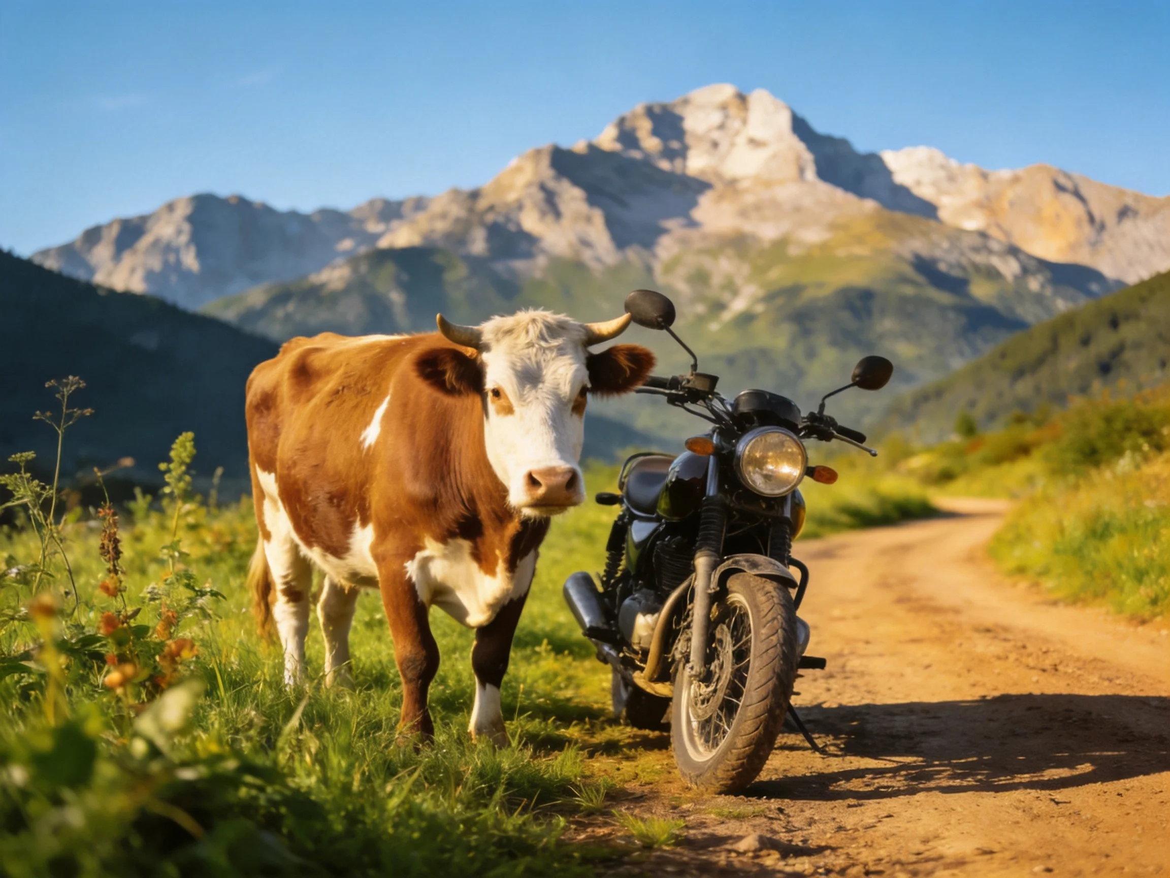 A cow is next to a motorcycle on a dirt path with mountains in the background.