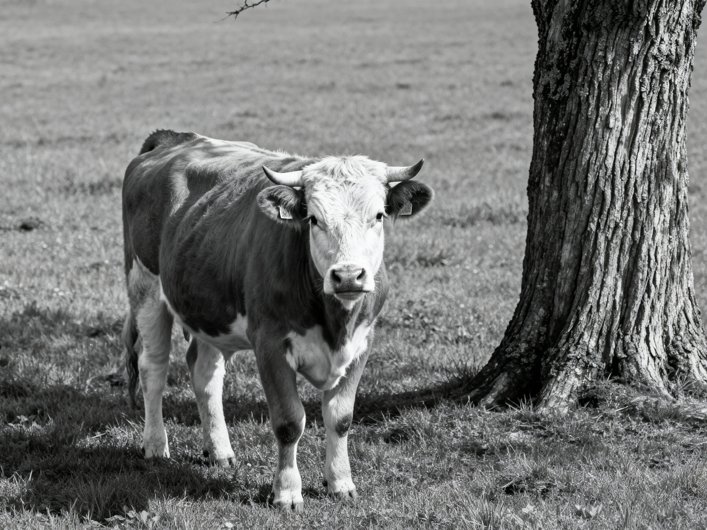 A brown and white cow stands beside a gnarled tree in an open field