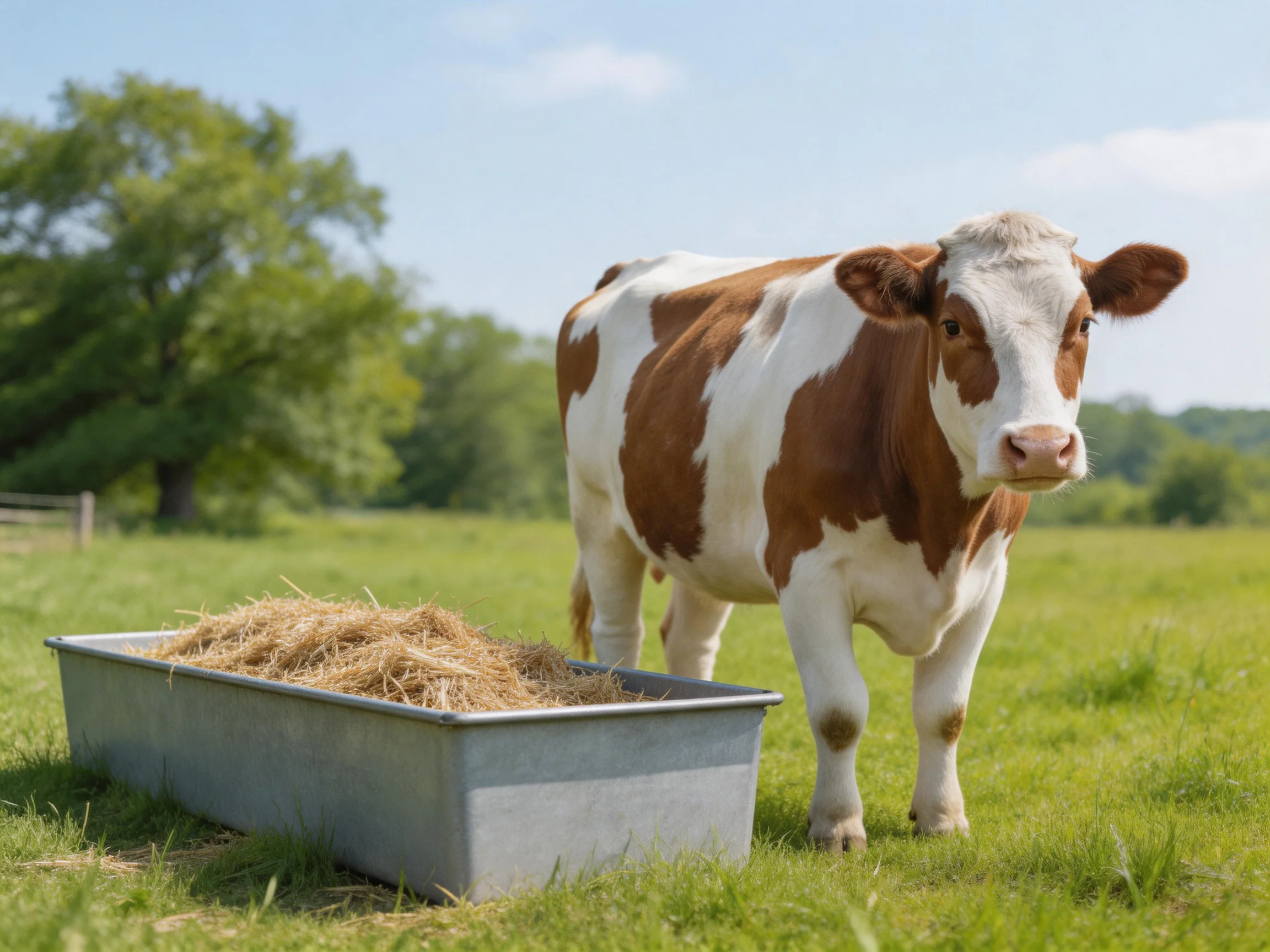 A brown and white cow stands beside a metal hay trough in a sunny pasture
